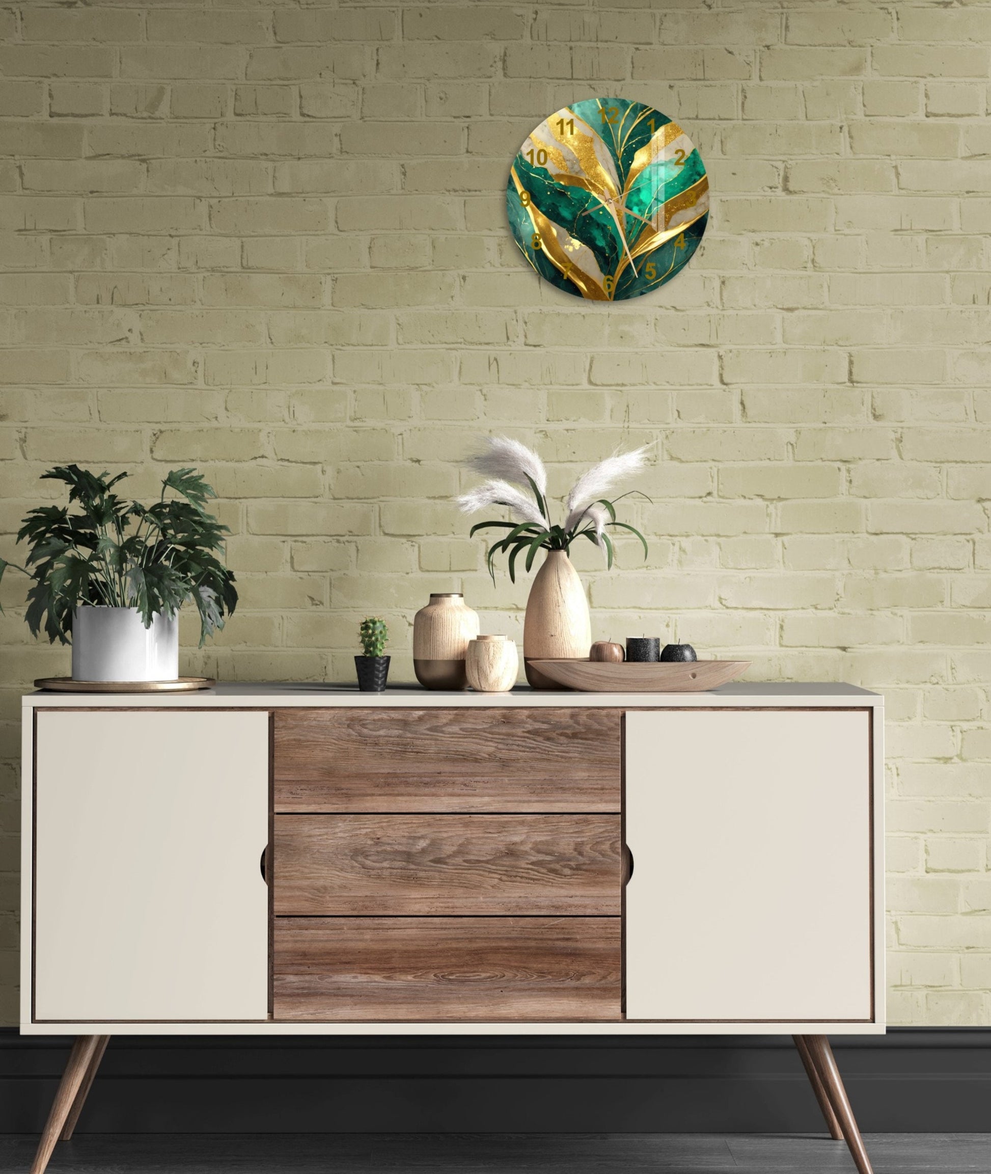 a white and brown sideboard with a plant on top of it