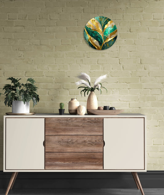 a white and brown sideboard with a plant on top of it