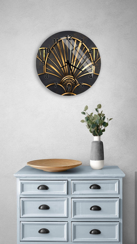 a wall clock with an Art Deco design, a wooden tray, a vase with greenery, and a gray dresser with six drawers.