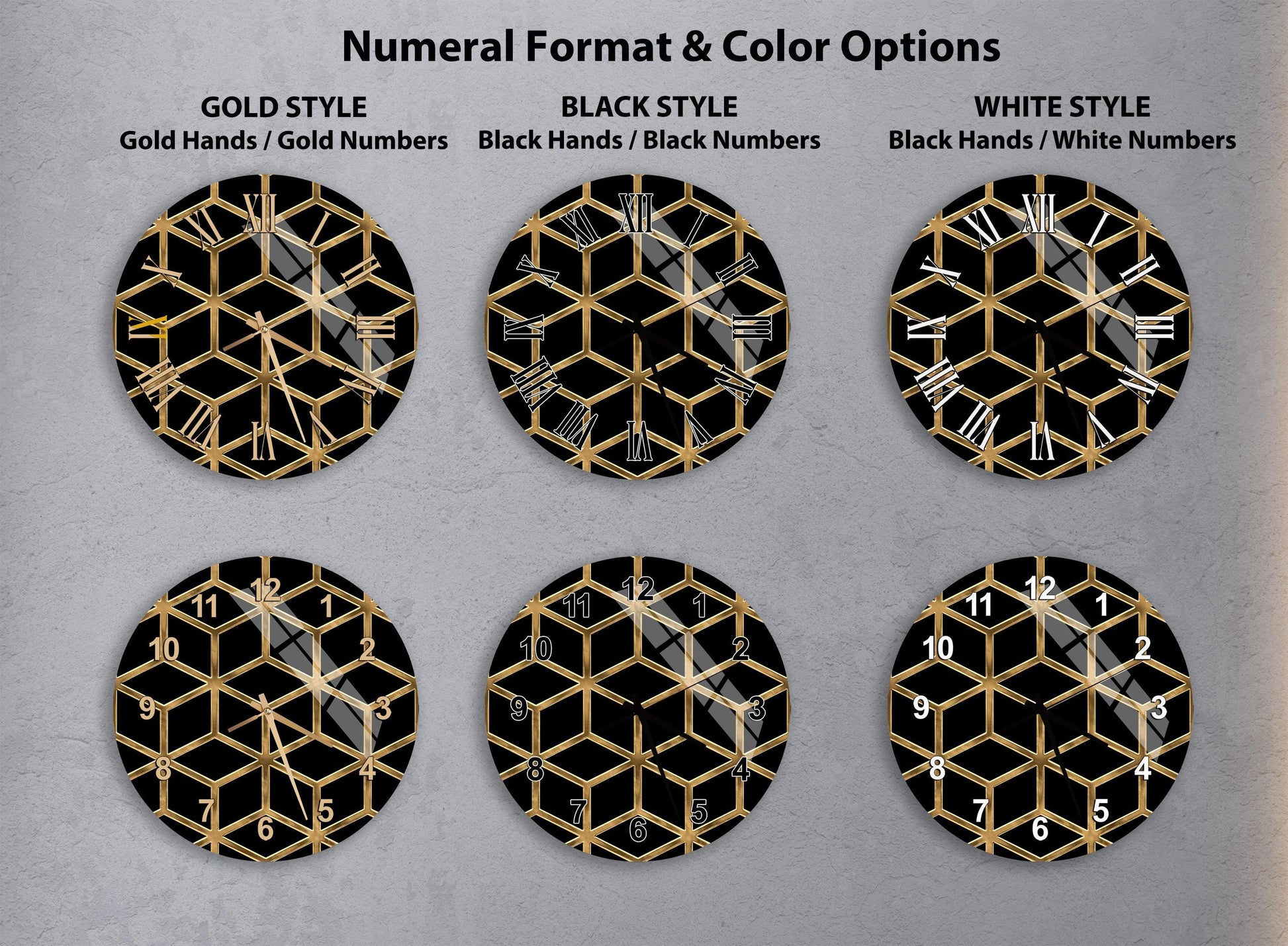 a collection of six clock faces with different styles and color options, including gold hands and numbers, black hands and numbers, and white hands and numbers.