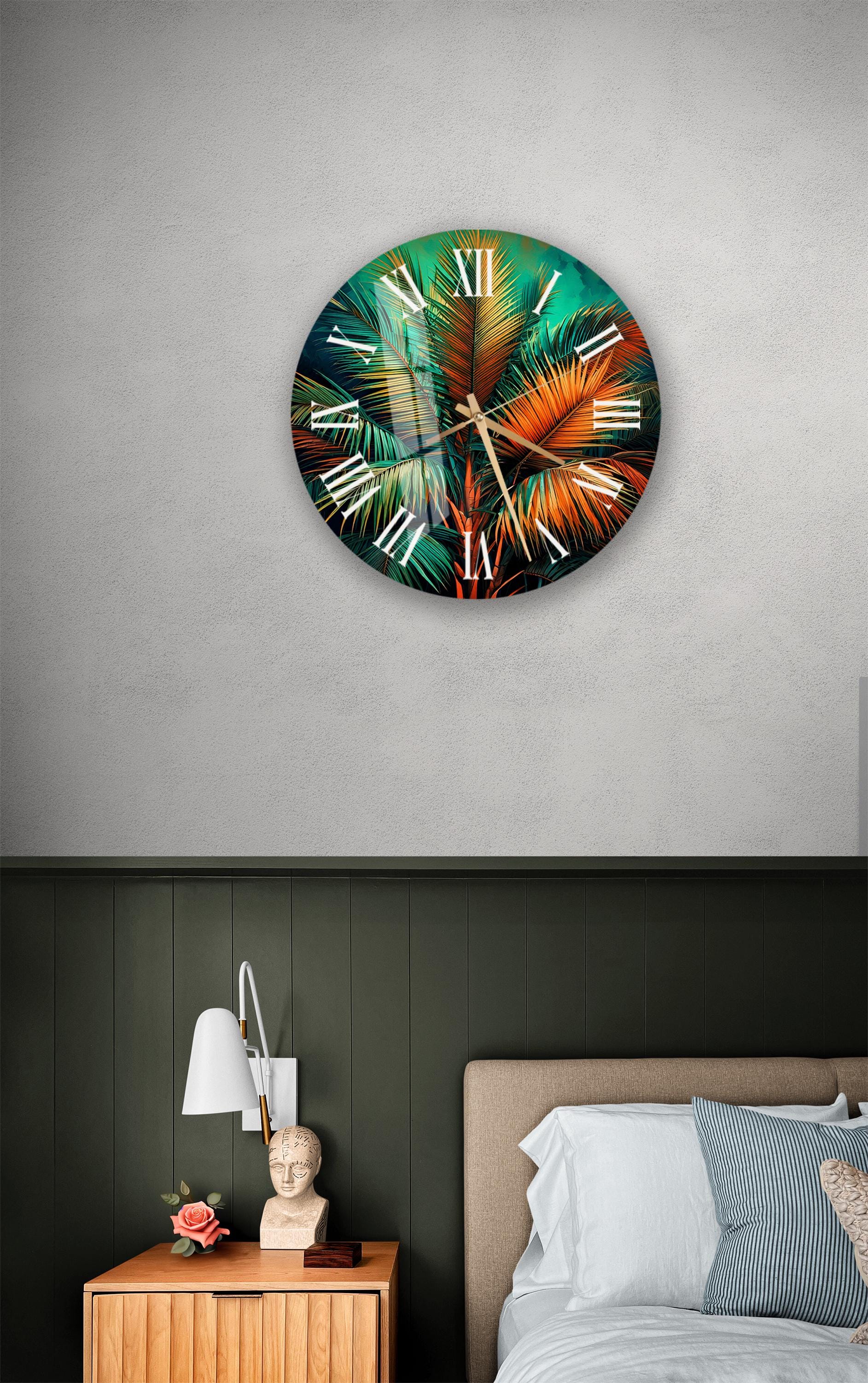 a bedroom with a bed and a clock on the wall