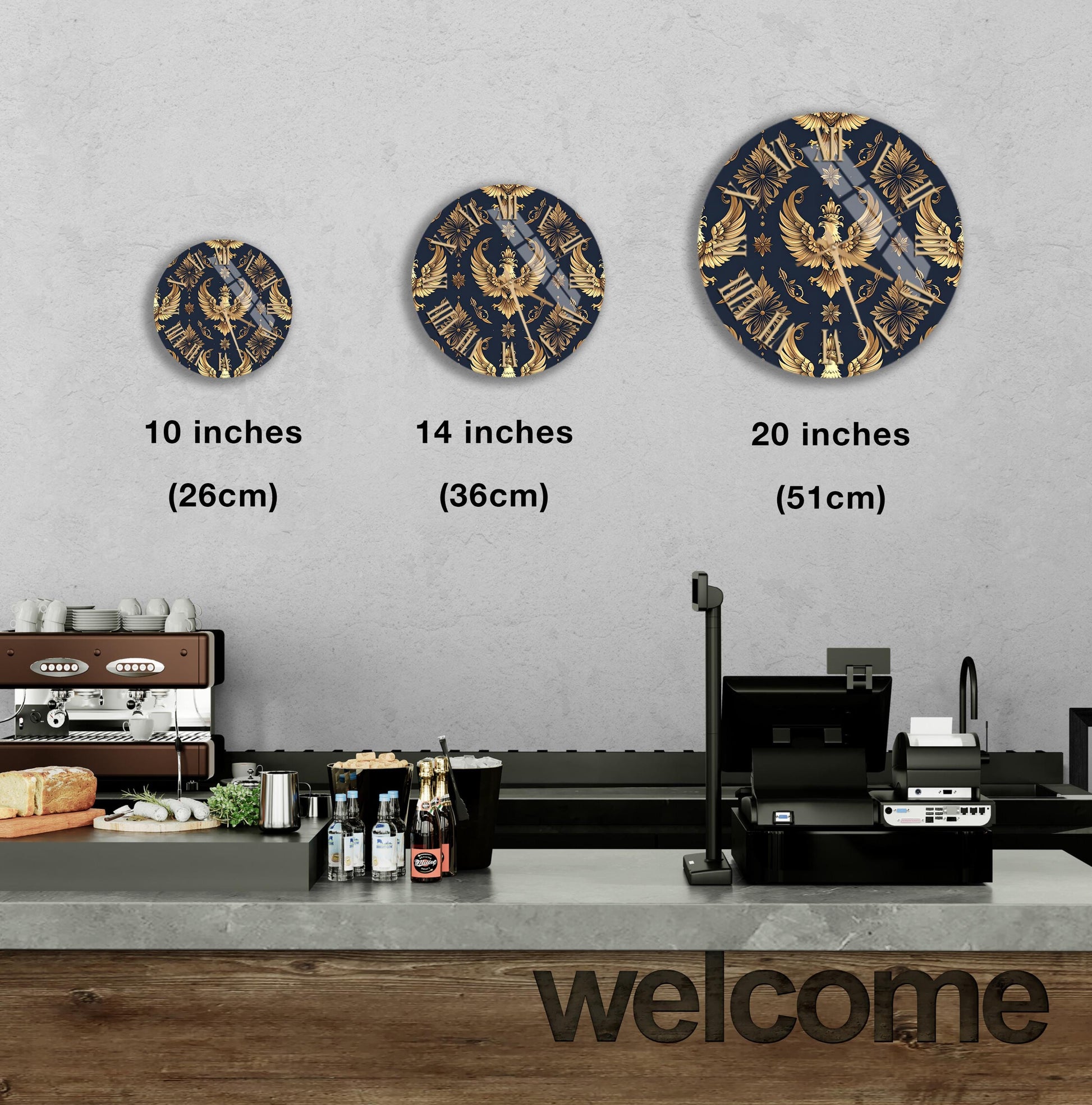 a counter in a restaurant with a welcome sign, and three decorative plates of different sizes are displayed on the wall above the counter.