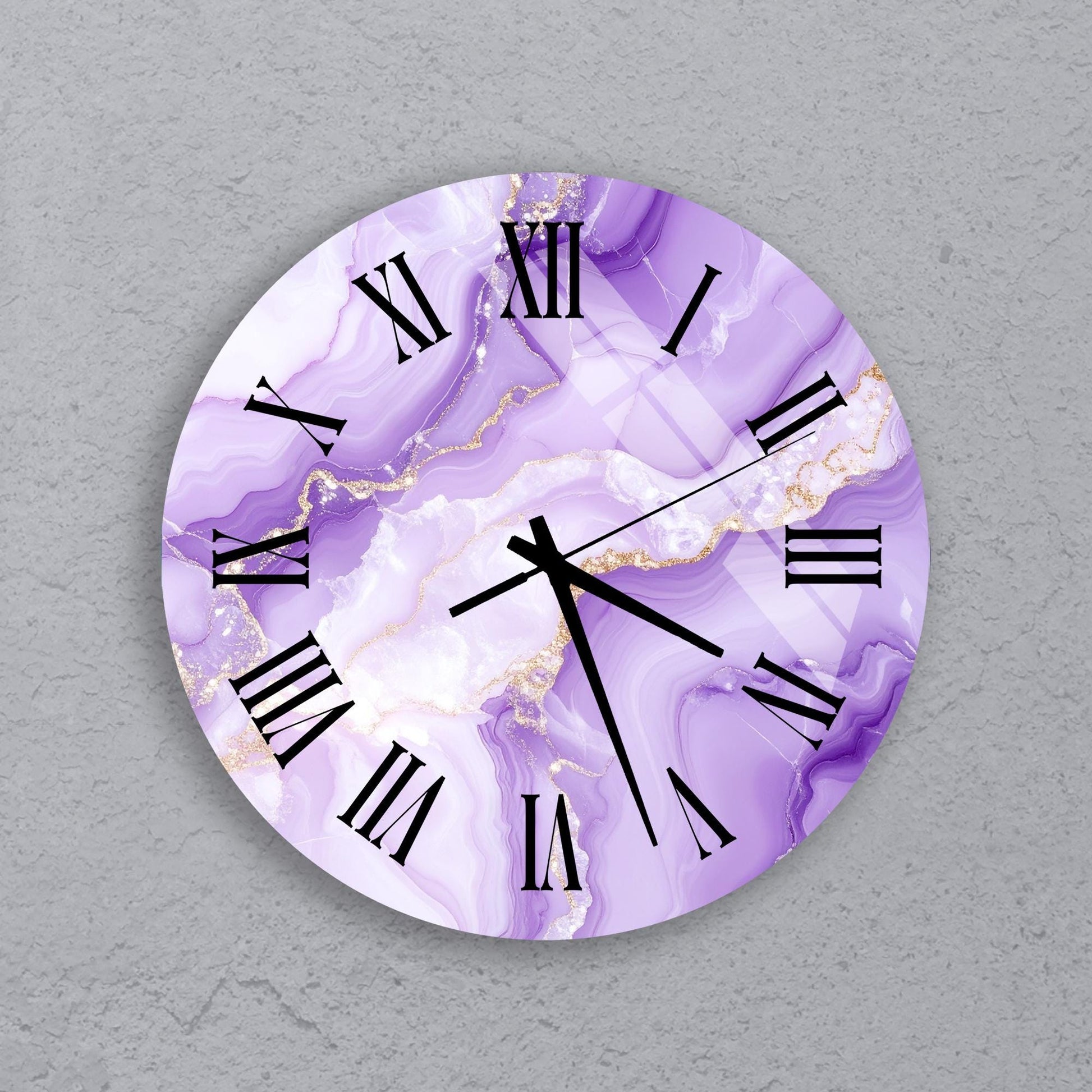A round wall clock with a purple marble-like design and Roman numerals.