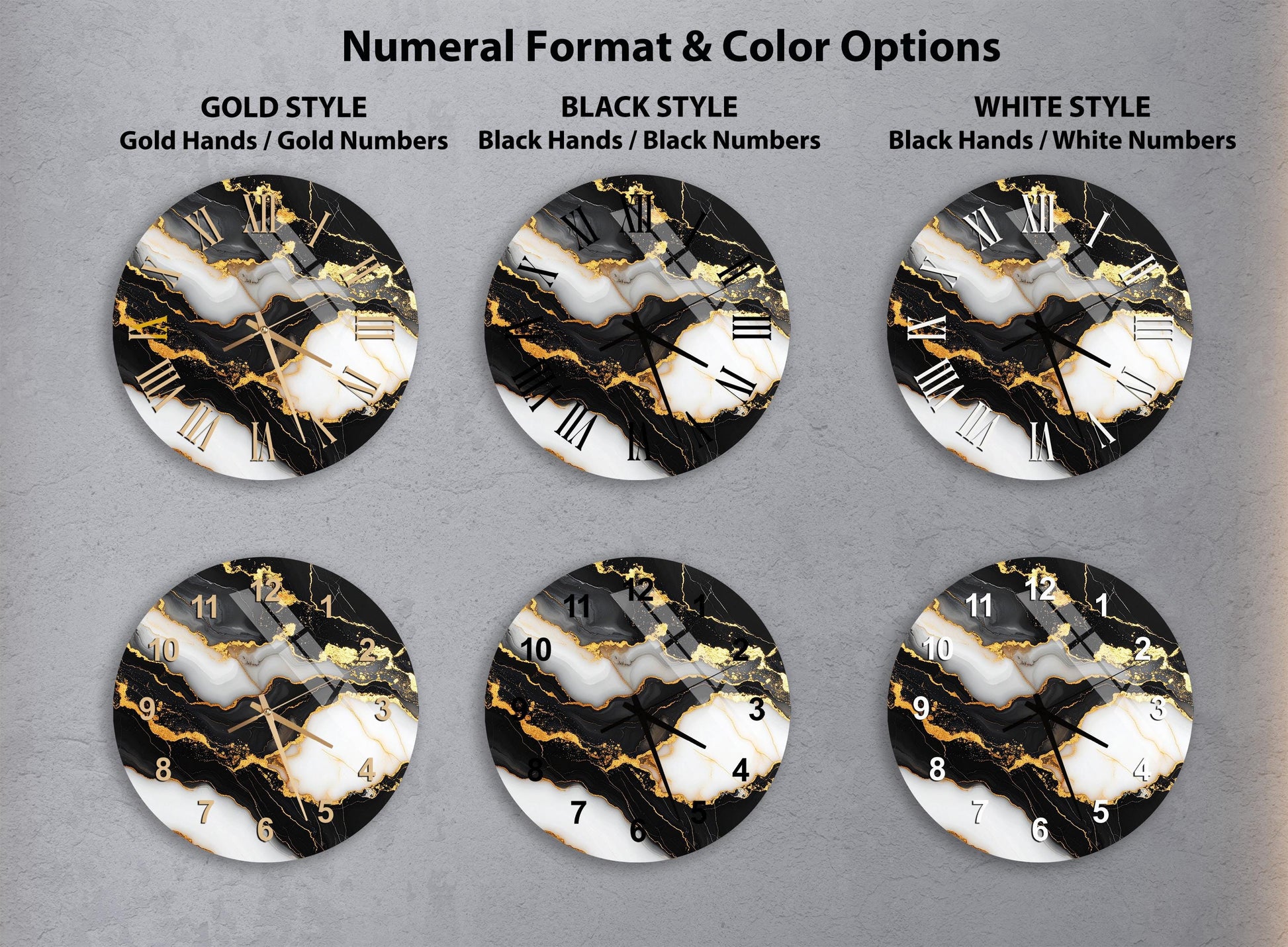 a collection of six clock faces with different styles and color options, including gold hands, black hands, and white numbers.