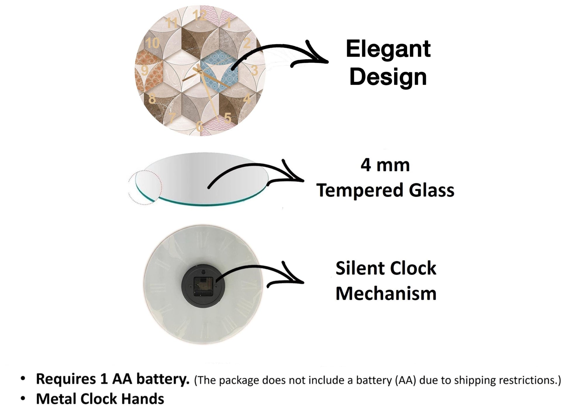 The image is a diagram that illustrates the features of a clock, including its design, size, and mechanism.