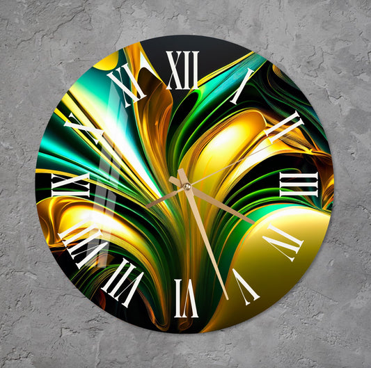 Glass Wall Clock - Tempered Glass Gold Emerald Abstract Design for Living Room
