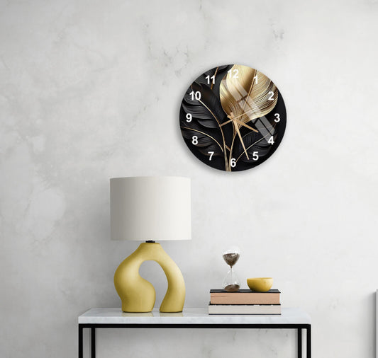 Tempered Glass Wall Clock – Gold Leaf Floral Black & Gold Silent Modern Decor