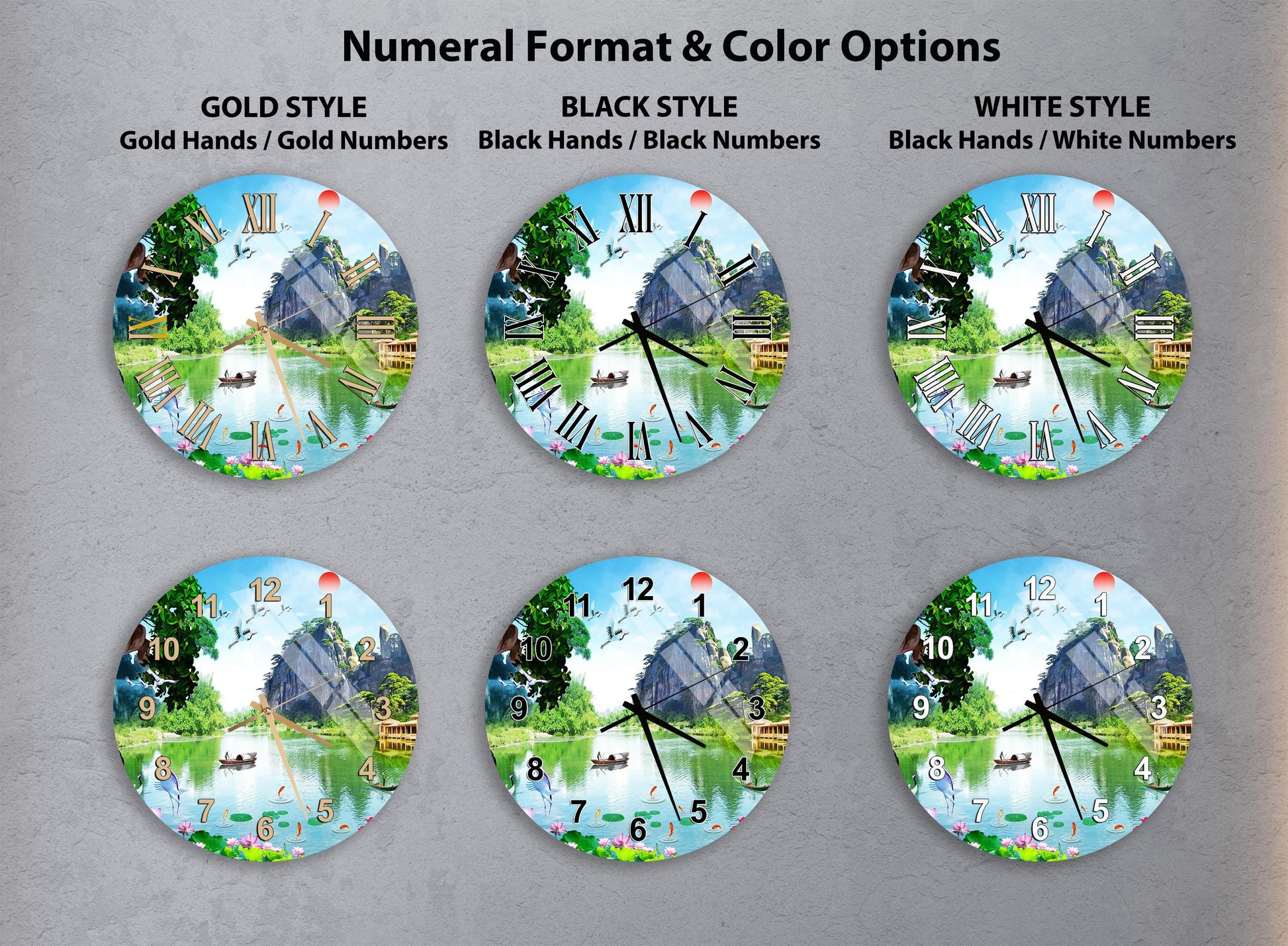 a collection of six clock faces, each with a different color and style, arranged in a grid. The clocks feature various landscapes, such as a river, trees, and buildings, as well as different color schemes, including gold, black, white, and black and white.