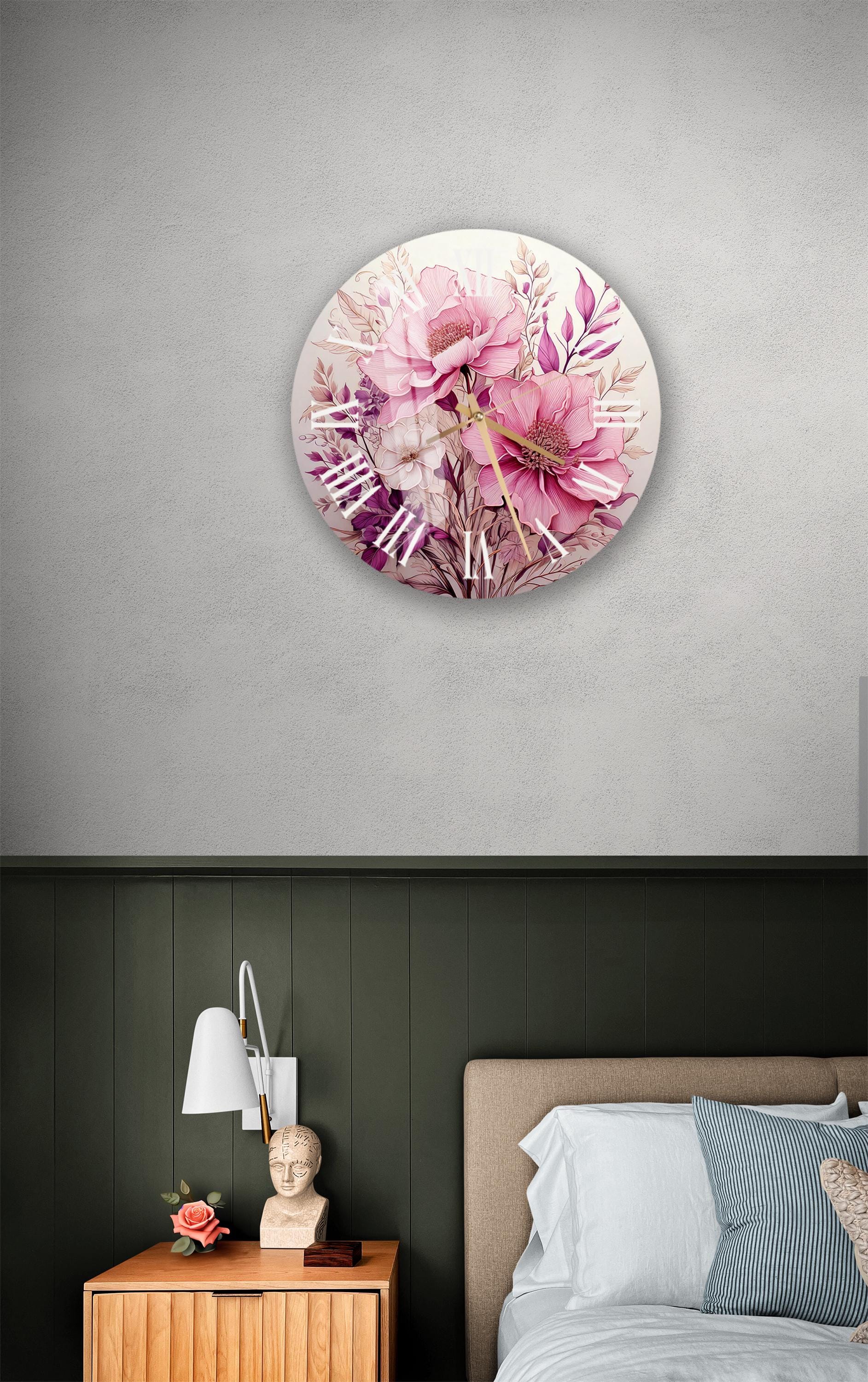 a bed room with a neatly made bed and a painting on the wall