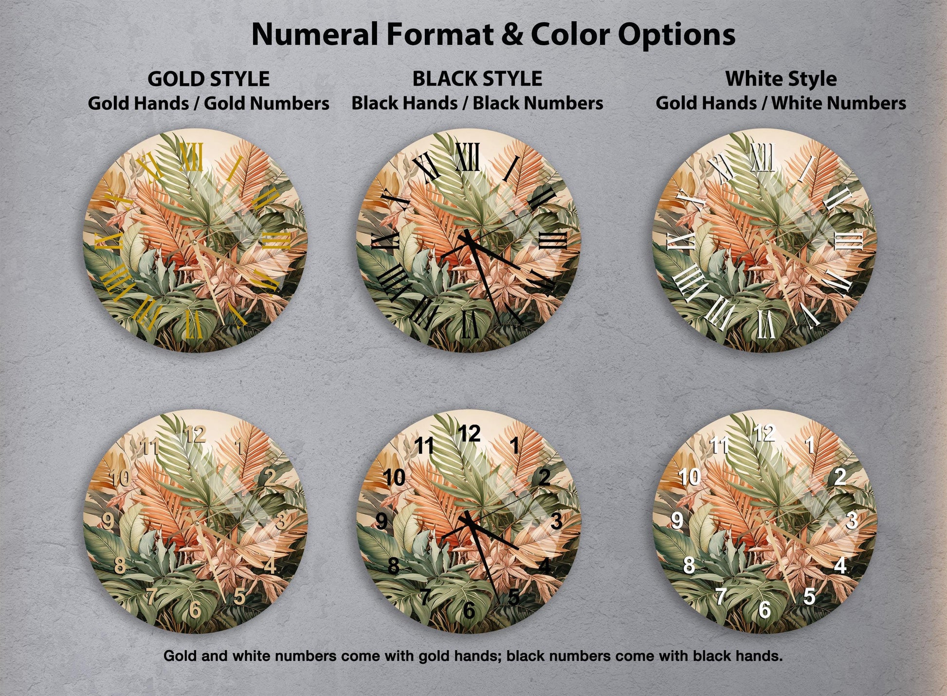 a set of four clocks with tropical leaves on them