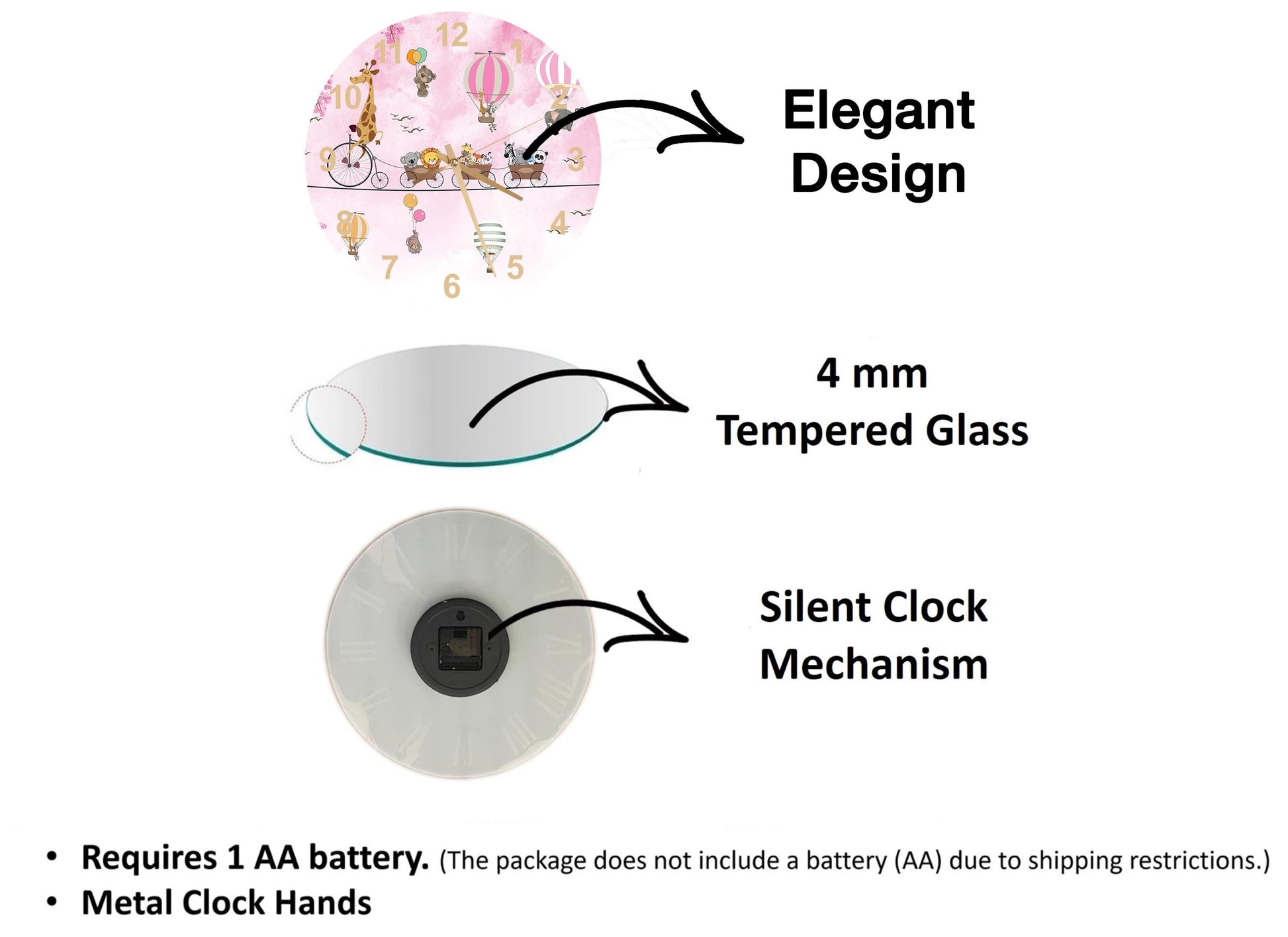 The image is a diagram that illustrates the features of a clock, including its design, size, and mechanism. It shows a 4 mm Tempered Glass clock, a silent clock mechanism, and a metal clock hand. The diagram also includes text that explains the features of the clock, such as the requirement of a 1 AA battery and the absence of a battery (AA) due to shipping restrictions.