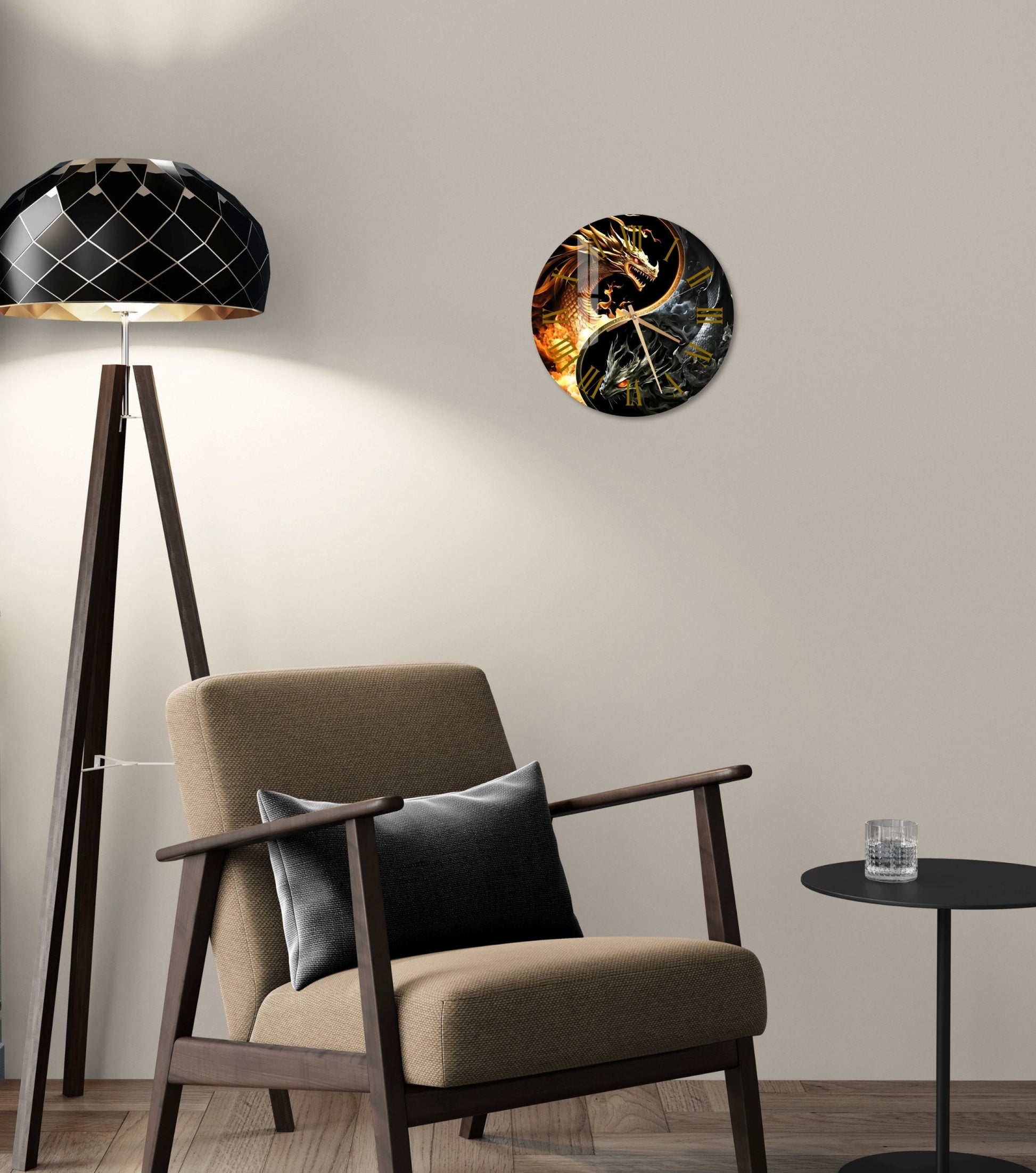 a living room with a chair and a lamp