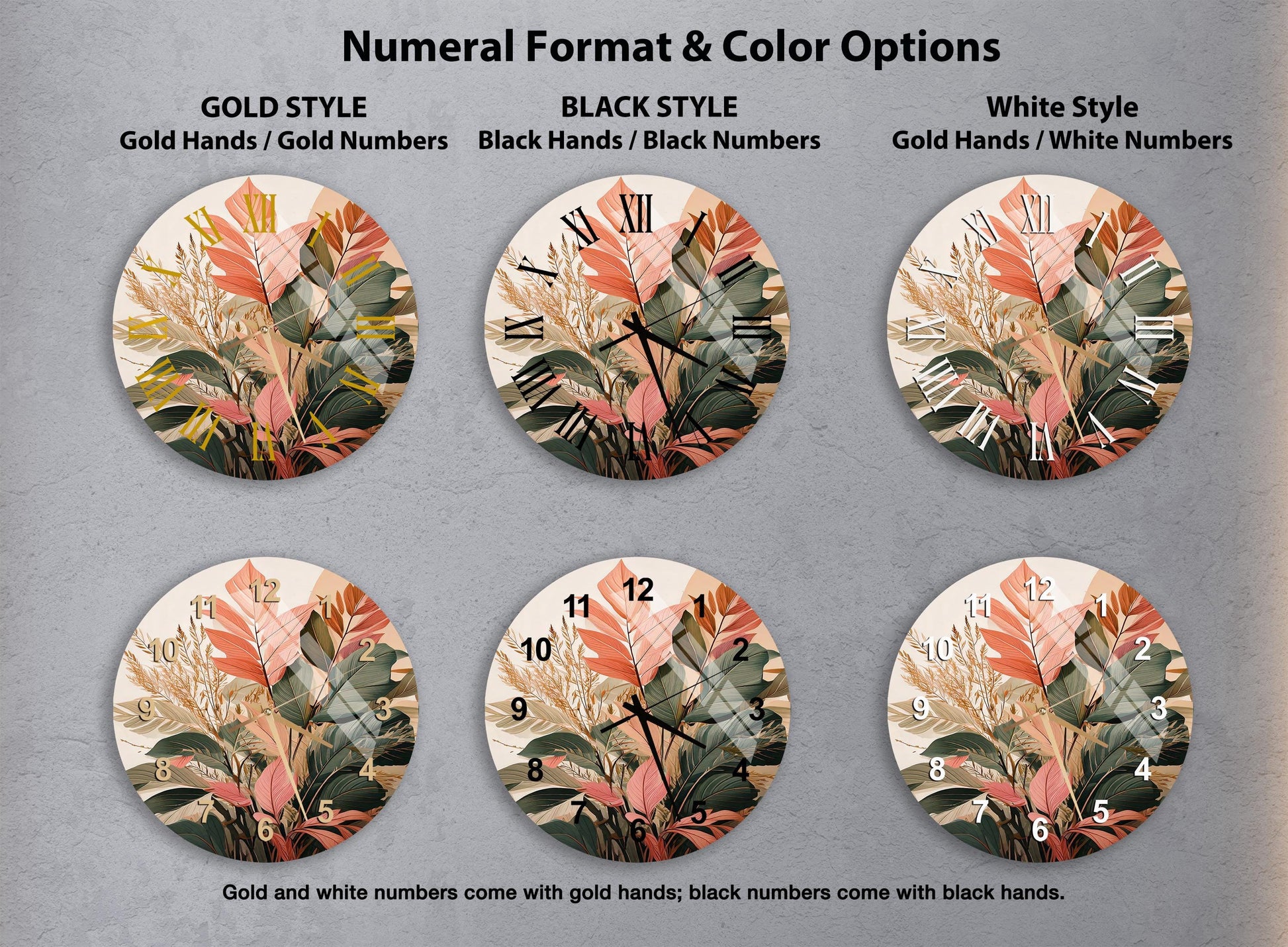 a set of four floral wall clocks on a wall