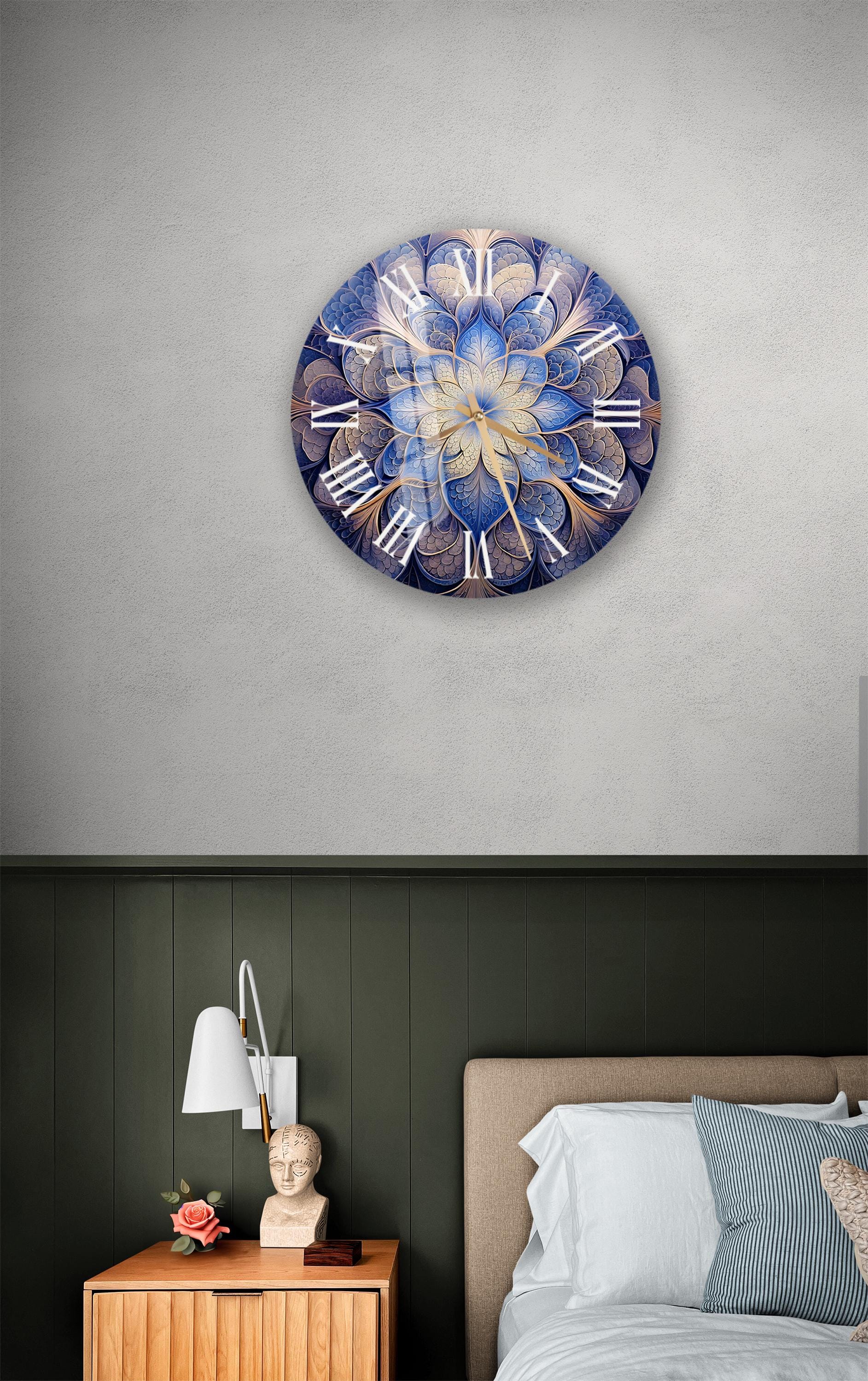 a bedroom with a bed and a large clock on the wall