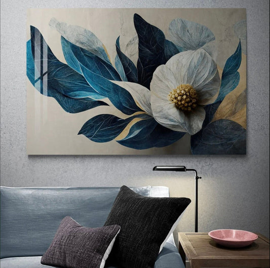 Floral Wall Art – Large Blue White Botanical Tempered Glass Decor for Living Room