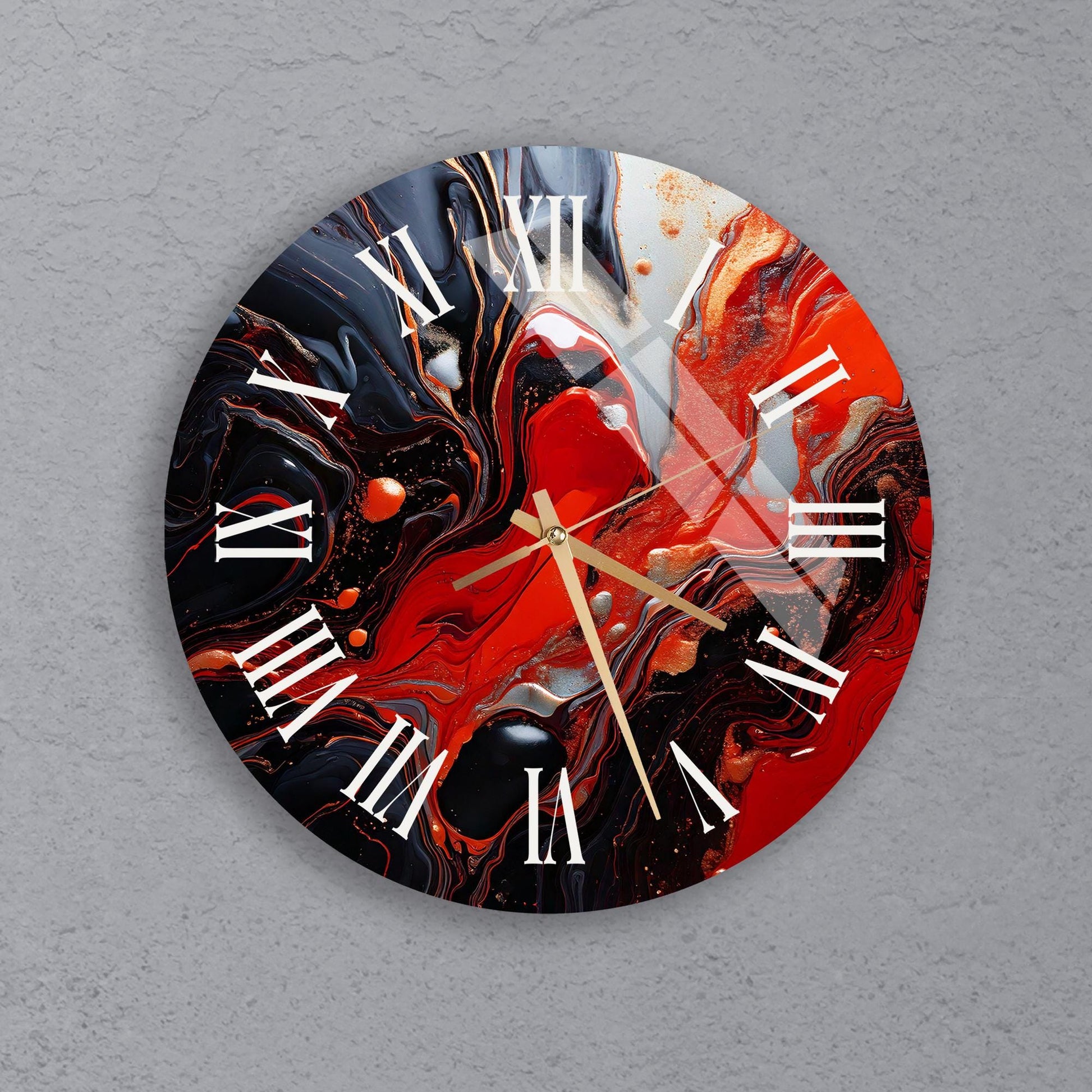 a clock with a red and black design on it