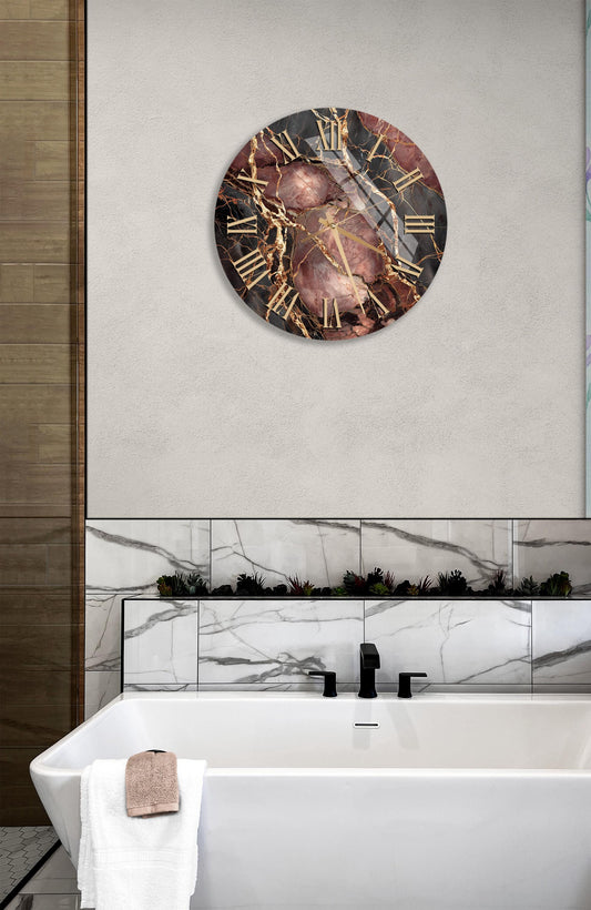 Tempered Glass Wall Clock – Round Marble Style Brown Gold Accent, Silent Sweep