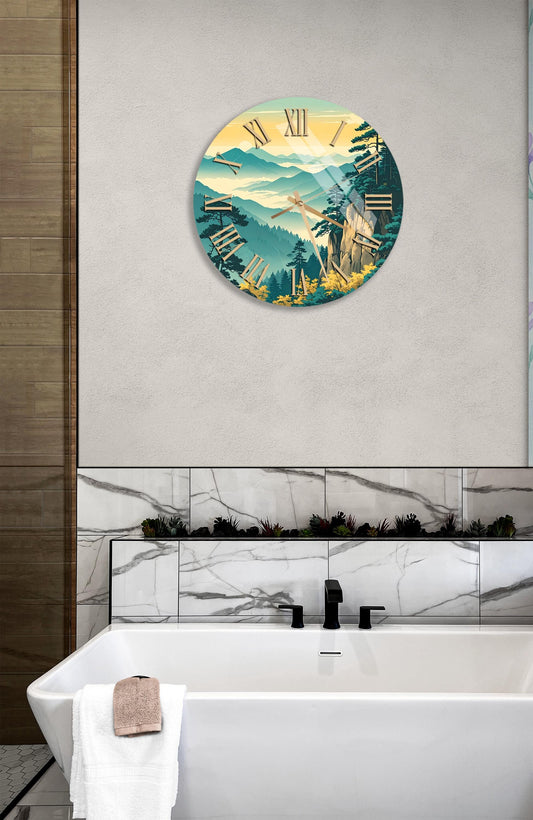 Tempered Glass Wall Clock - Mountain View Scenic Landscape Blue Green Design
