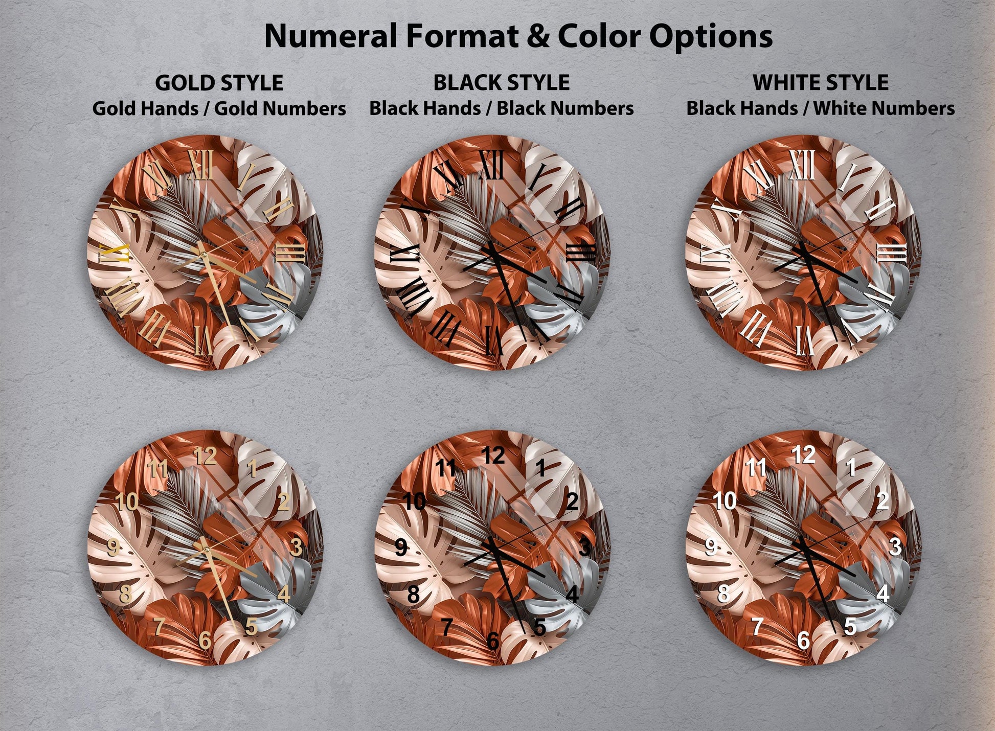 six different clock designs with various styles and color options, including gold, black, white, and black and white.