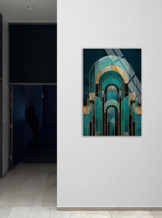 Art Deco Glass Wall Art – Emerald Green Geometric Arches Tempered Glass Panel