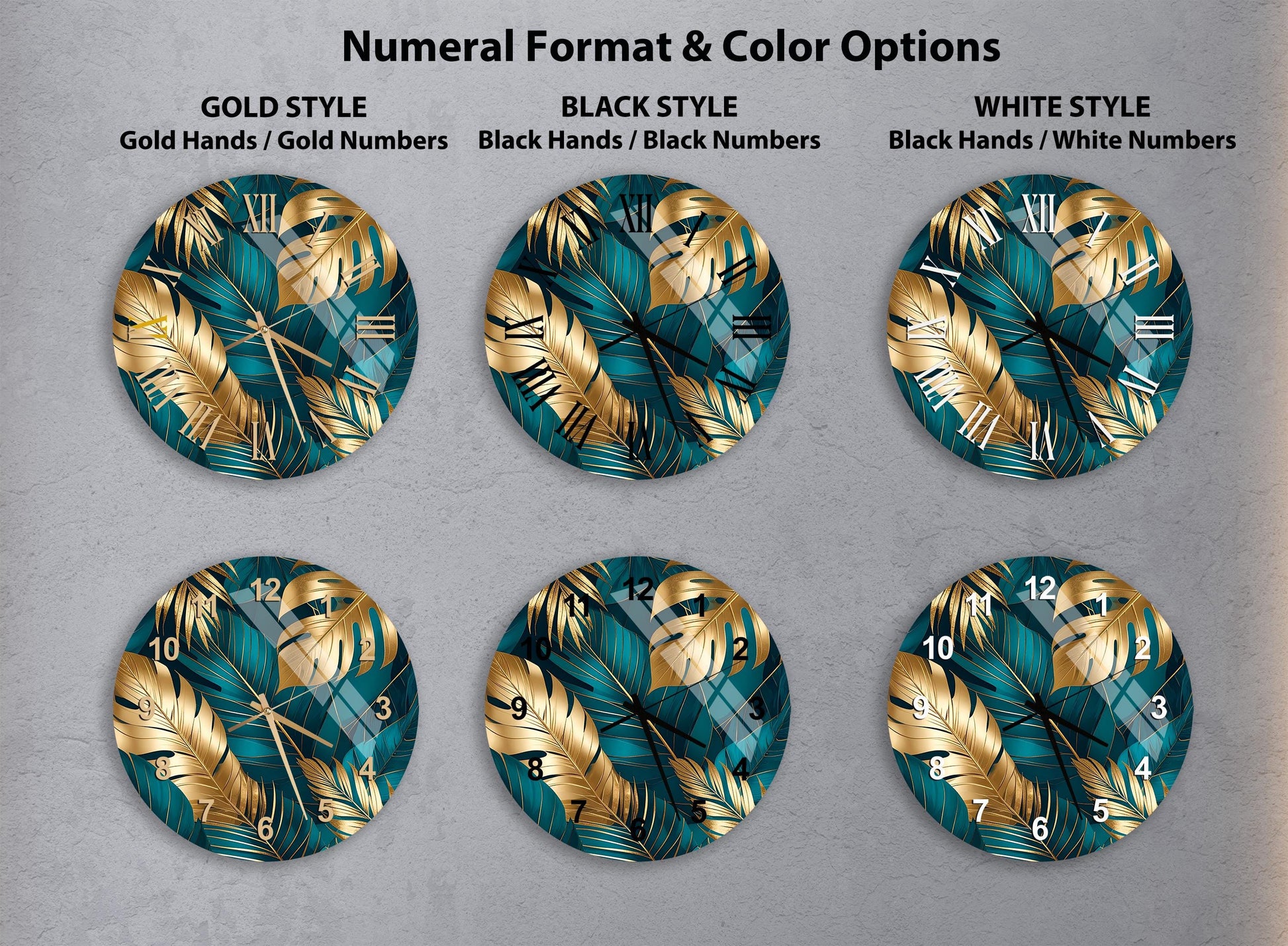 six round wall clocks with different styles of gold and teal leaves on a dark background.