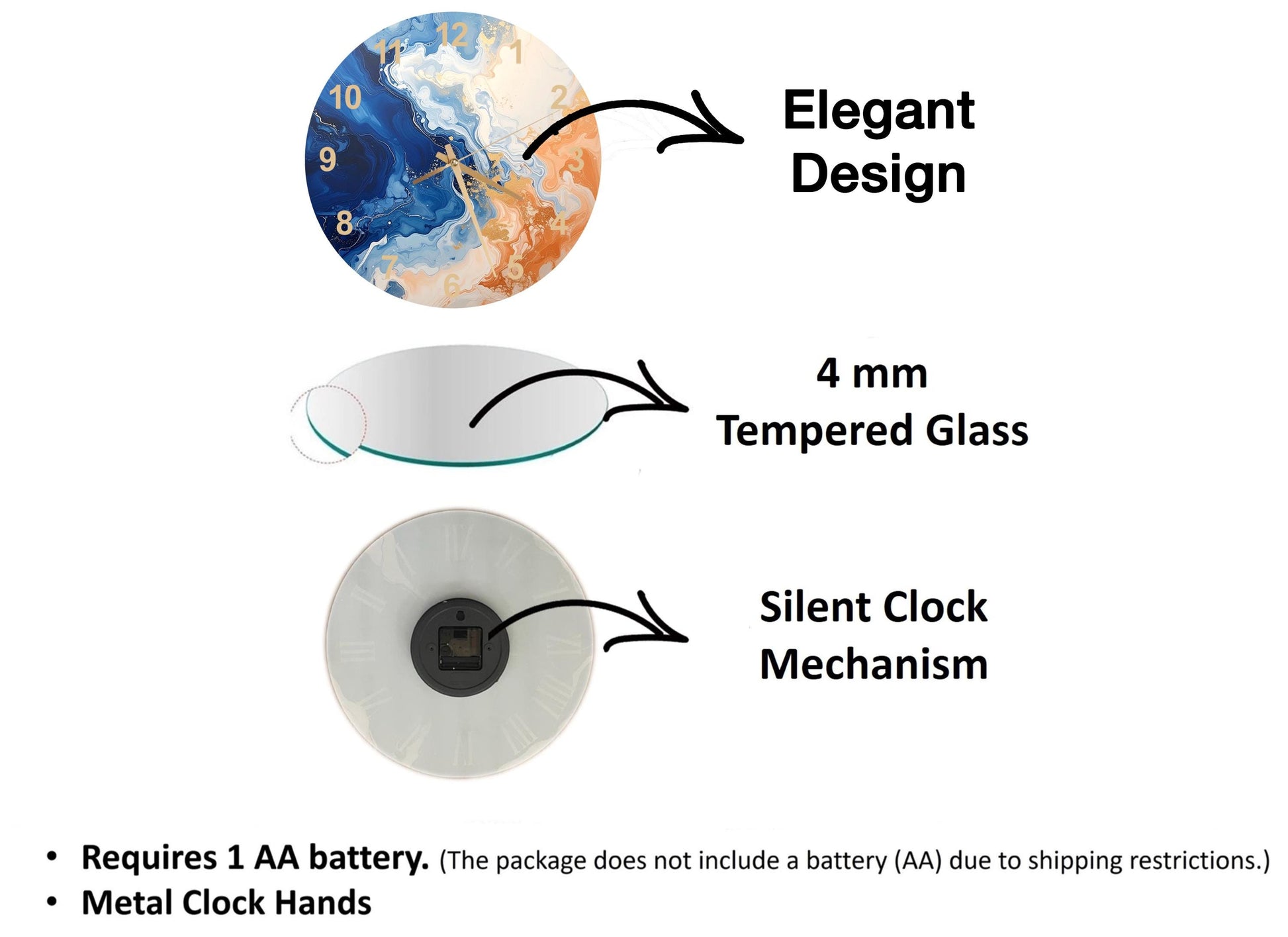 The image is a diagram that illustrates the features of a clock, including its design, size, and mechanism. It shows a 4 mm Tempered Glass clock face, a silent clock mechanism, and a metal clock hand. The diagram also includes text that explains the features of the clock, such as the requirement of a 1 AA battery and the absence of a battery (AA) due to shipping restrictions.