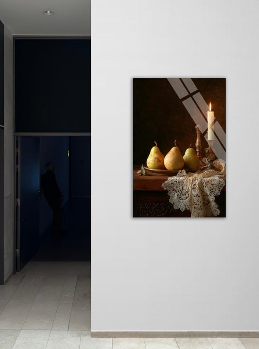 Tempered Glass Wall Art - Moody Still Life Painting | Vintage Pear & Candle Print