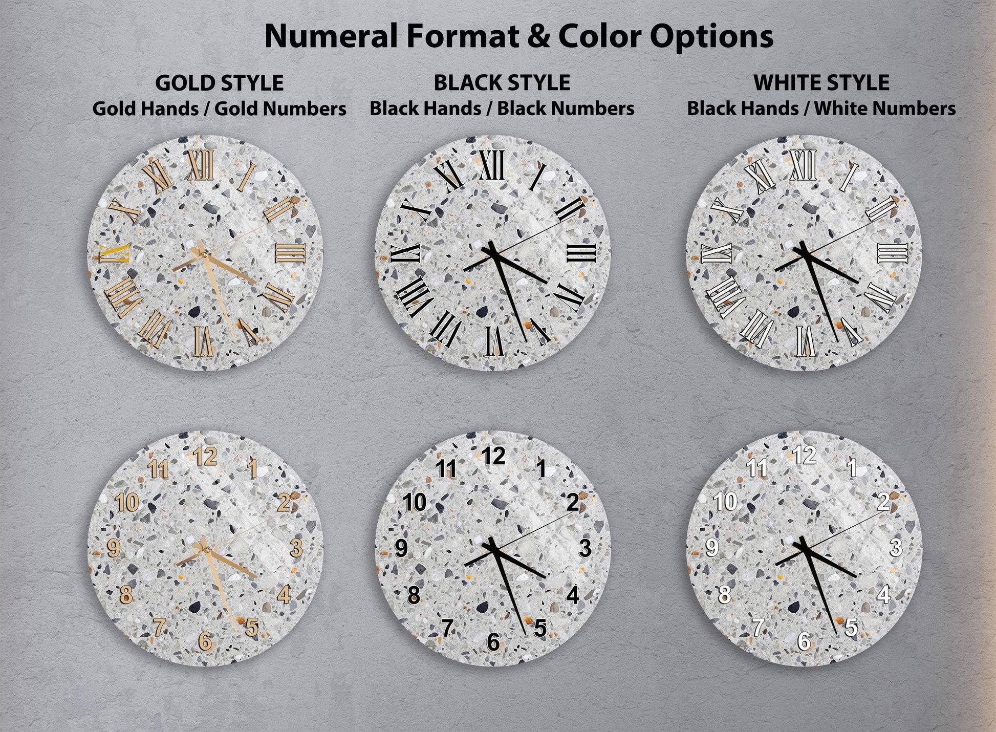 a collection of six different wall clocks, each with a unique design and color scheme. The clocks are arranged in a grid format, with two clocks in each row and two clocks in each column. The clocks feature various styles, including gold hands, black hands, and white numbers, creating a visually appealing and diverse display.
