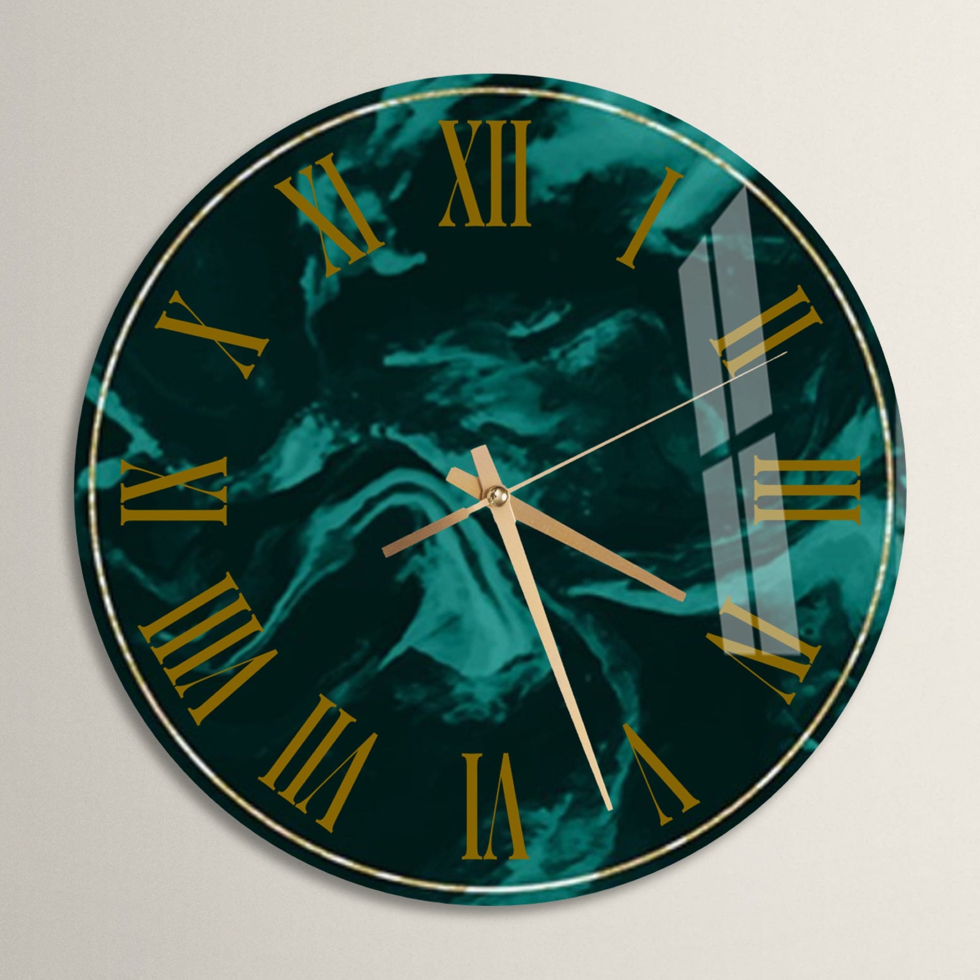 a green and gold clock with roman numerals