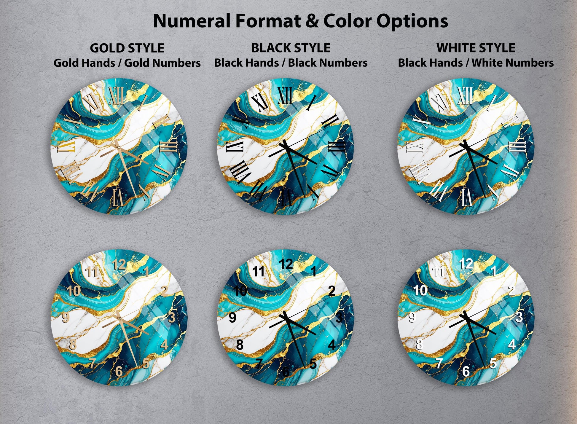 a collection of six round wall clocks with different color and style options, including gold, black, white, and marble-style designs.