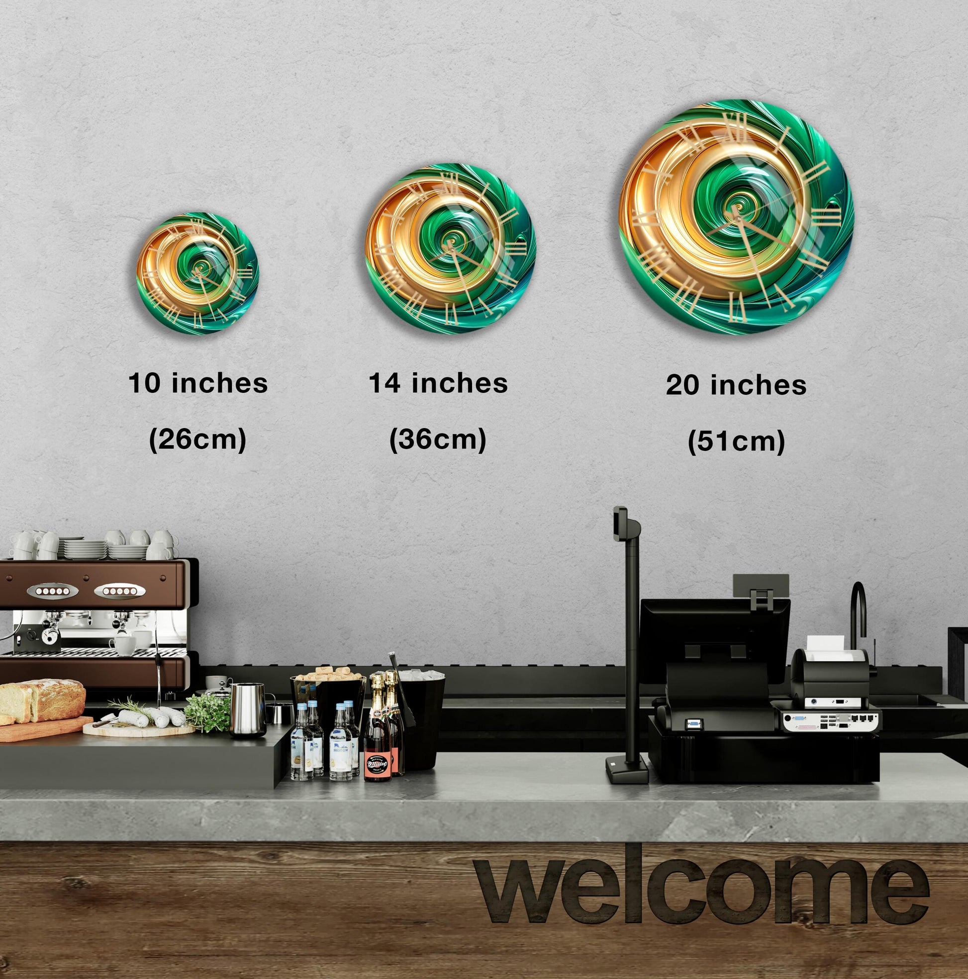 a counter in a restaurant with a welcome sign, and three different sizes of circular wall art above the counter.