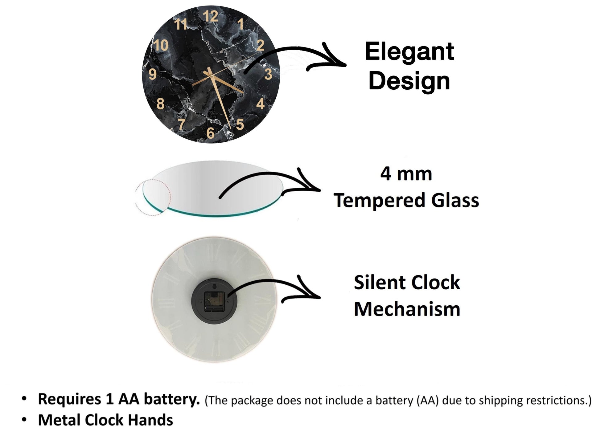 The image is a diagram that illustrates the features of a clock, including its design, materials, and functionality.