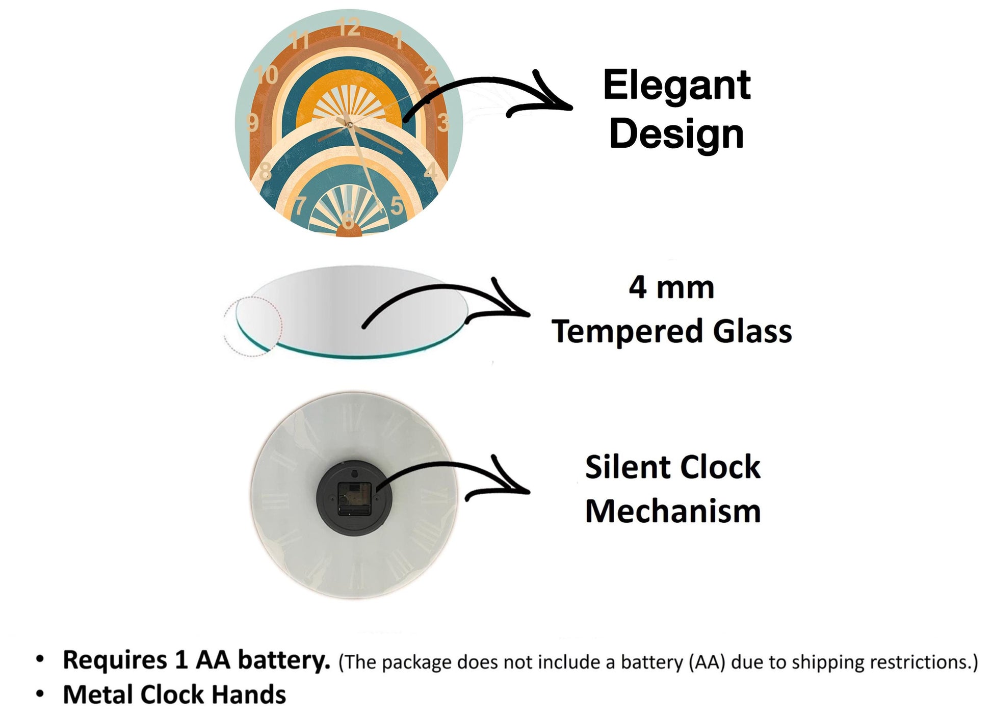 The image is a diagram that illustrates the features of a clock, including its design, size, and mechanism.