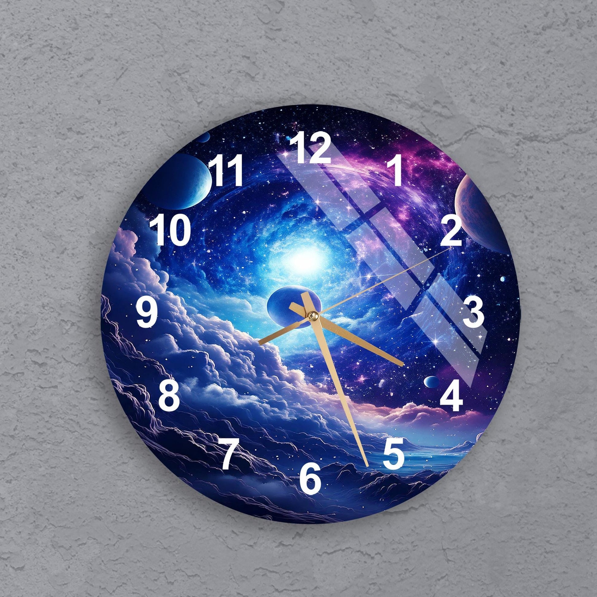 a clock on a wall with a picture of a space ship