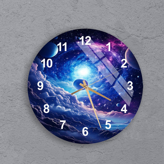 a clock on a wall with a picture of a space ship