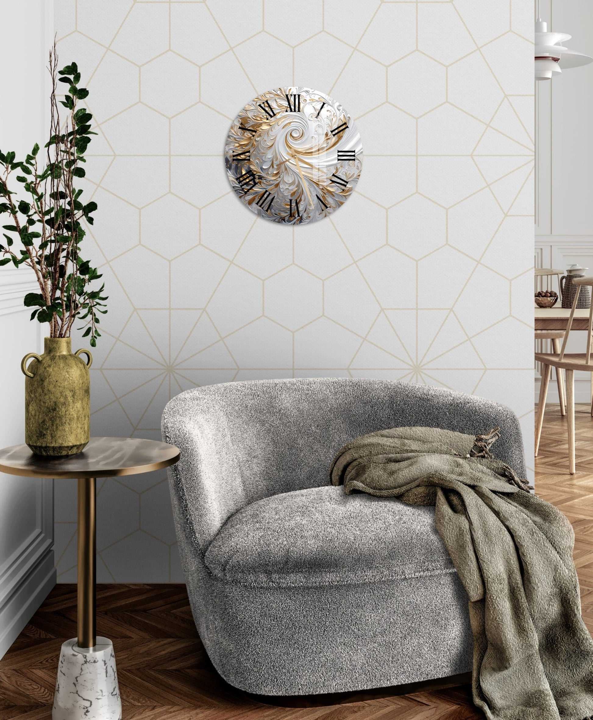 a living room with a chair and a clock on the wall