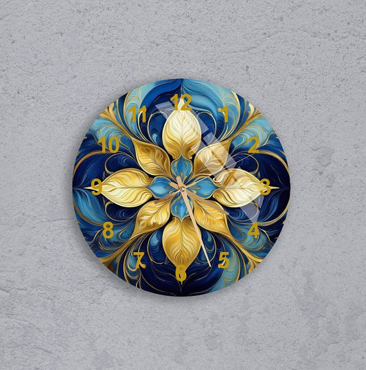 Tempered Glass Wall Clock - Blue Gold Floral Abstract, Silent Modern Decor