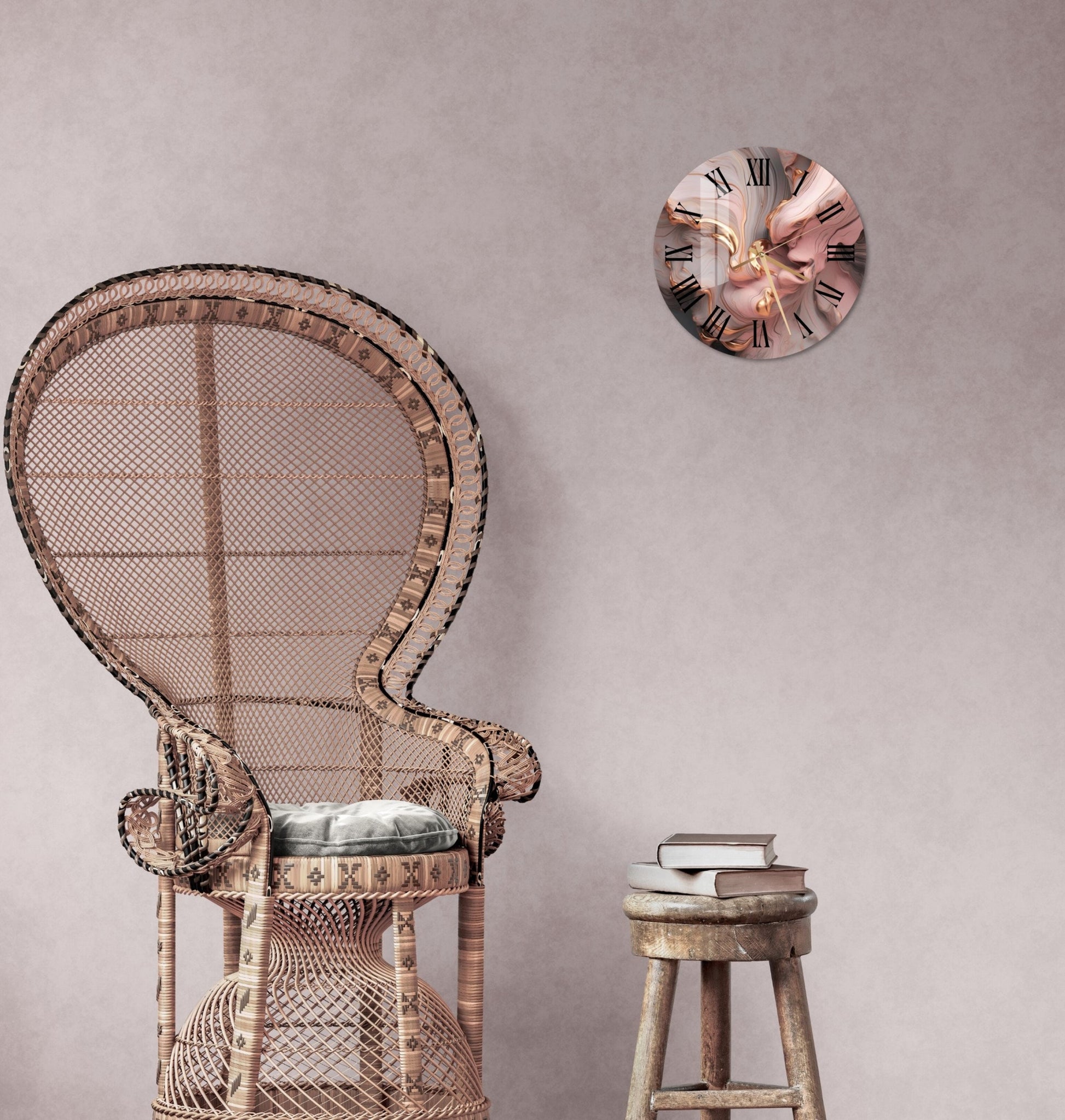 a chair and stool in a room with a clock on the wall