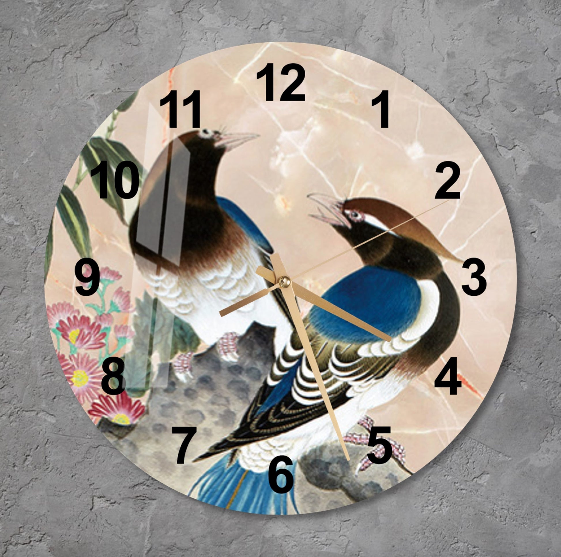 a clock with a picture of two birds on it