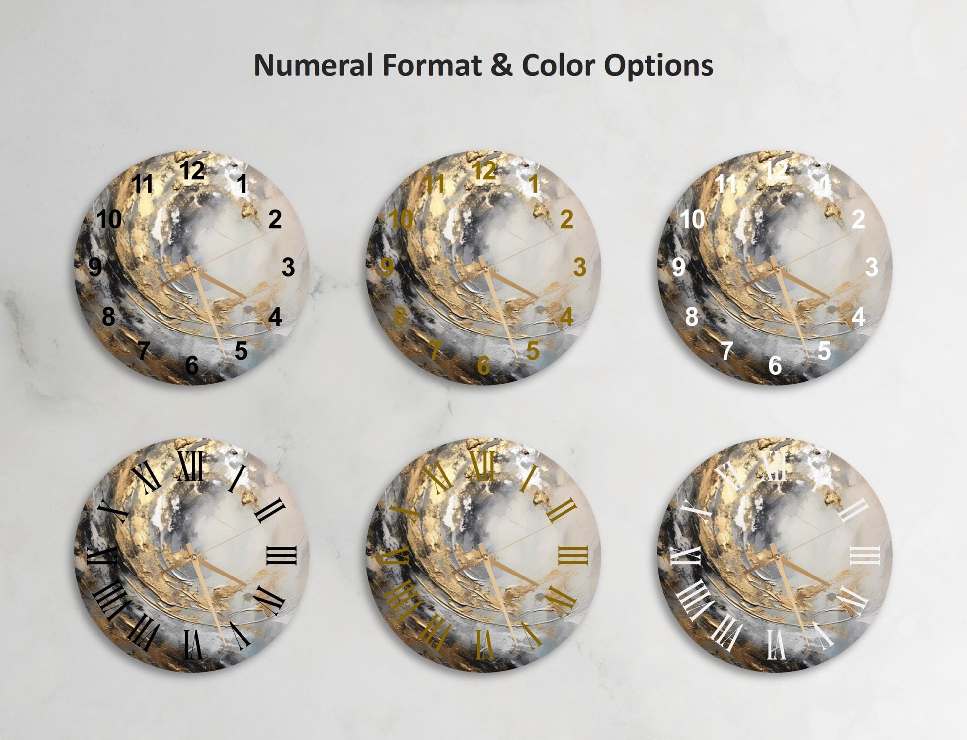 a set of four clocks sitting on top of a wall