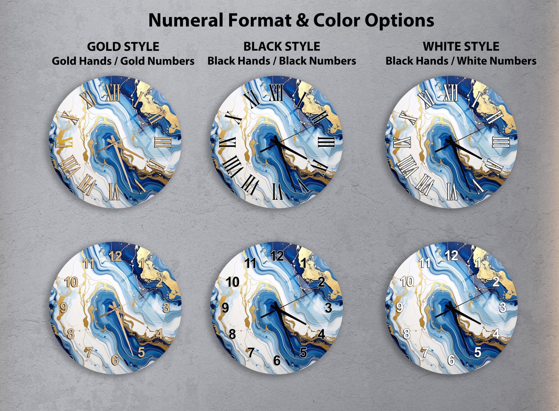 six different wall clocks with unique designs, each featuring a distinct color scheme and style.