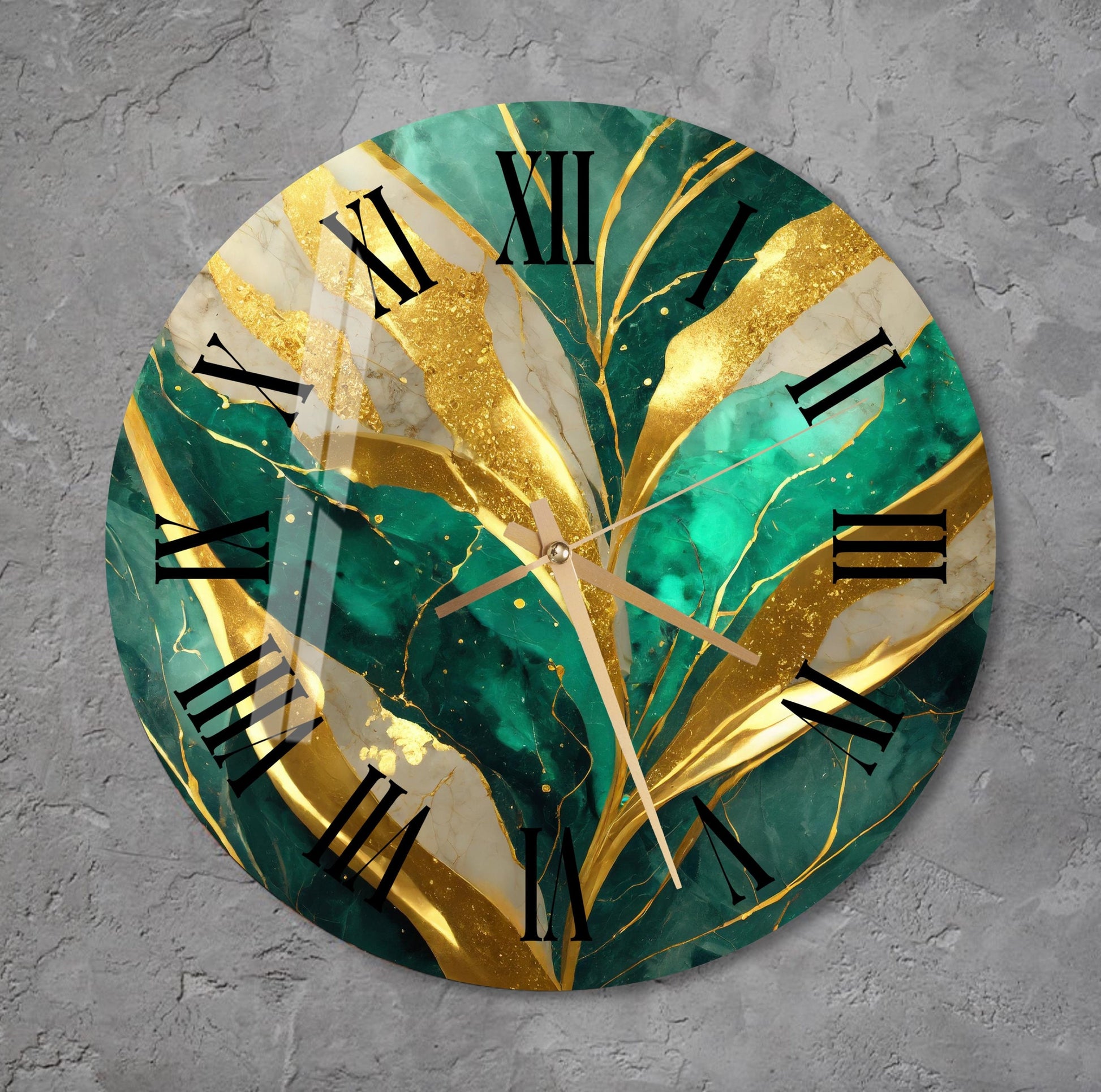 a green and gold clock with roman numerals