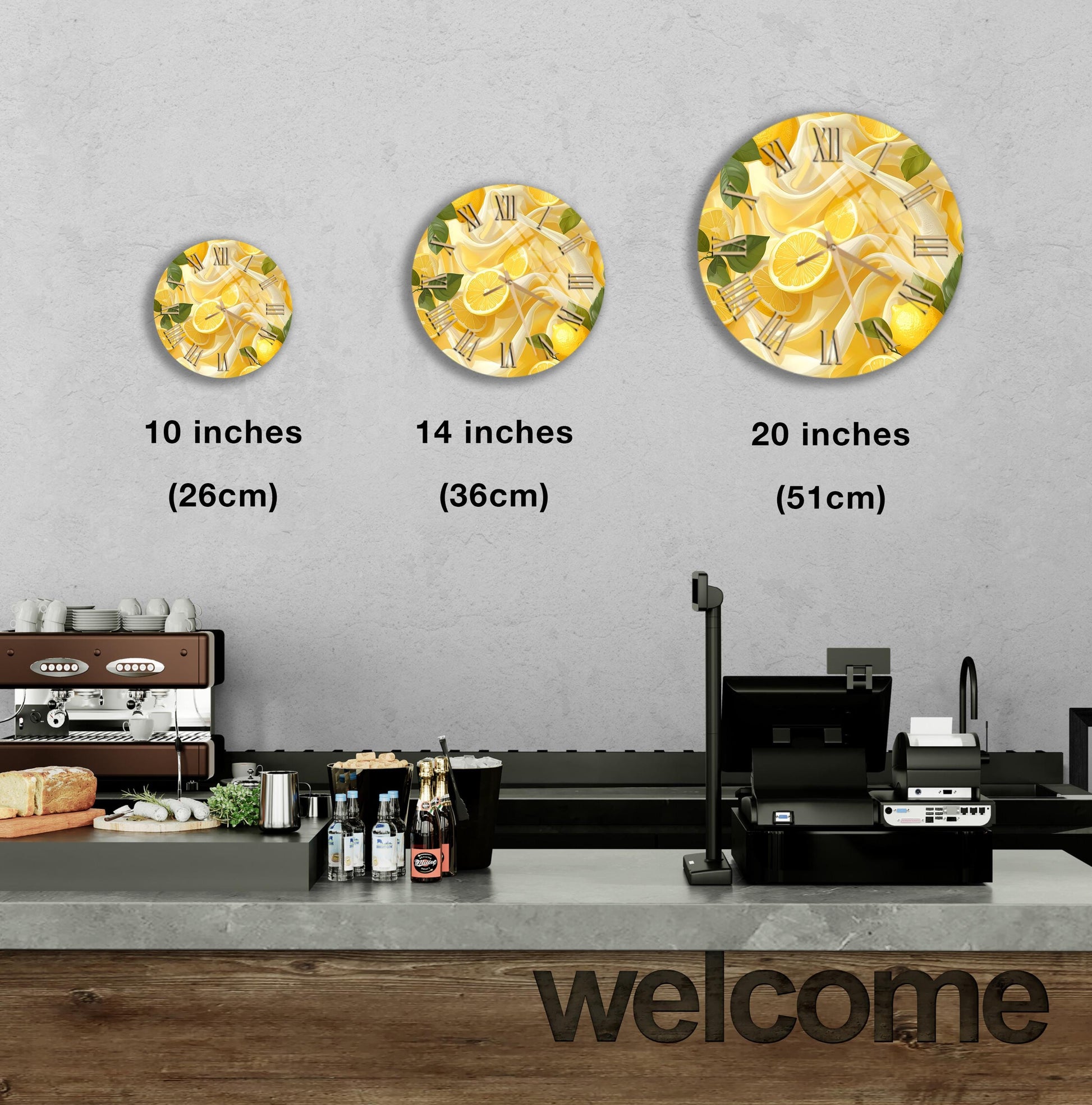 a counter with a cash register, a coffee machine, and a display of various food items, including lemons and oranges. There are three different sizes of plates with images of food displayed on them, and the image is labeled with the sizes of the plates and the corresponding descriptions.