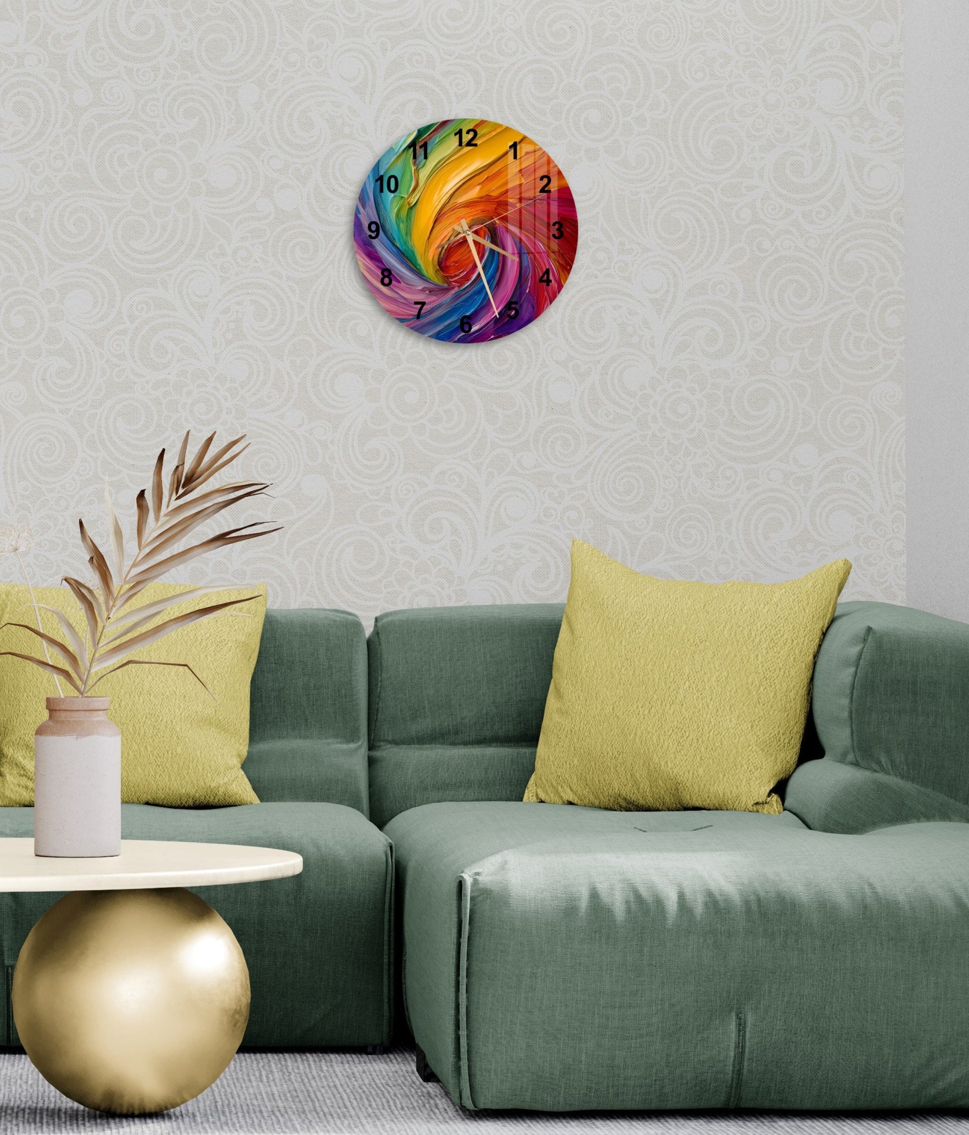 a living room with a green couch and a colorful clock on the wall