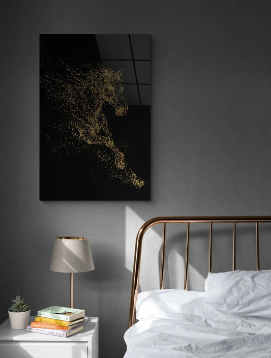 Golden Horse Wall Art – Tempered Glass Art with Black Gold Abstract Design