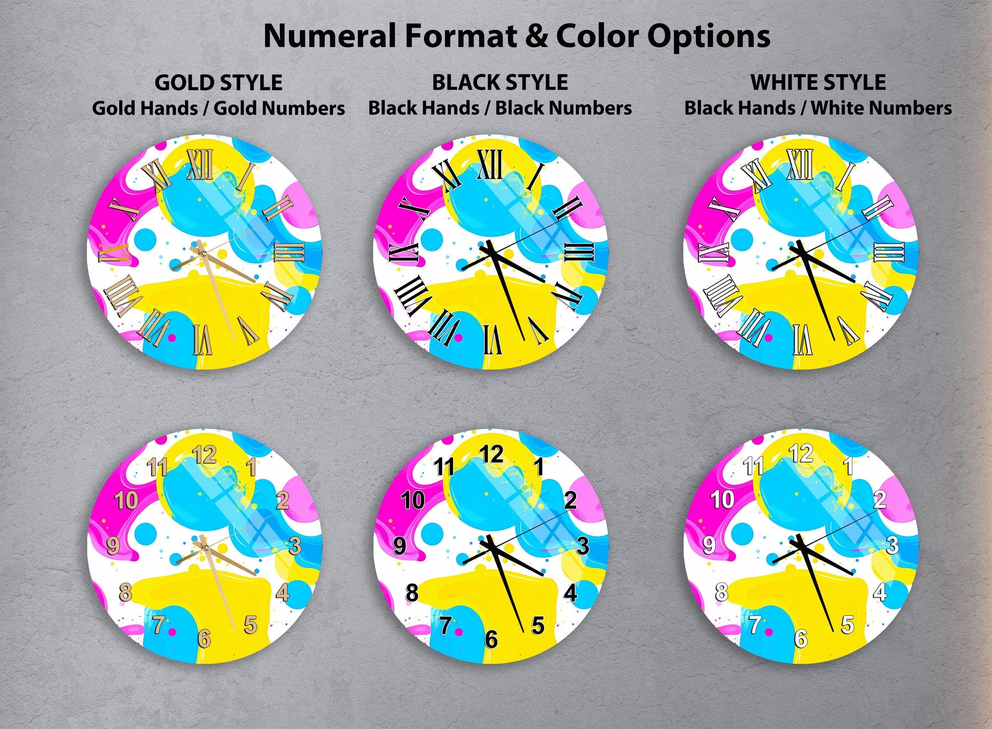 six different clock faces with various styles and color options, including gold, black, white, and mixed colors.