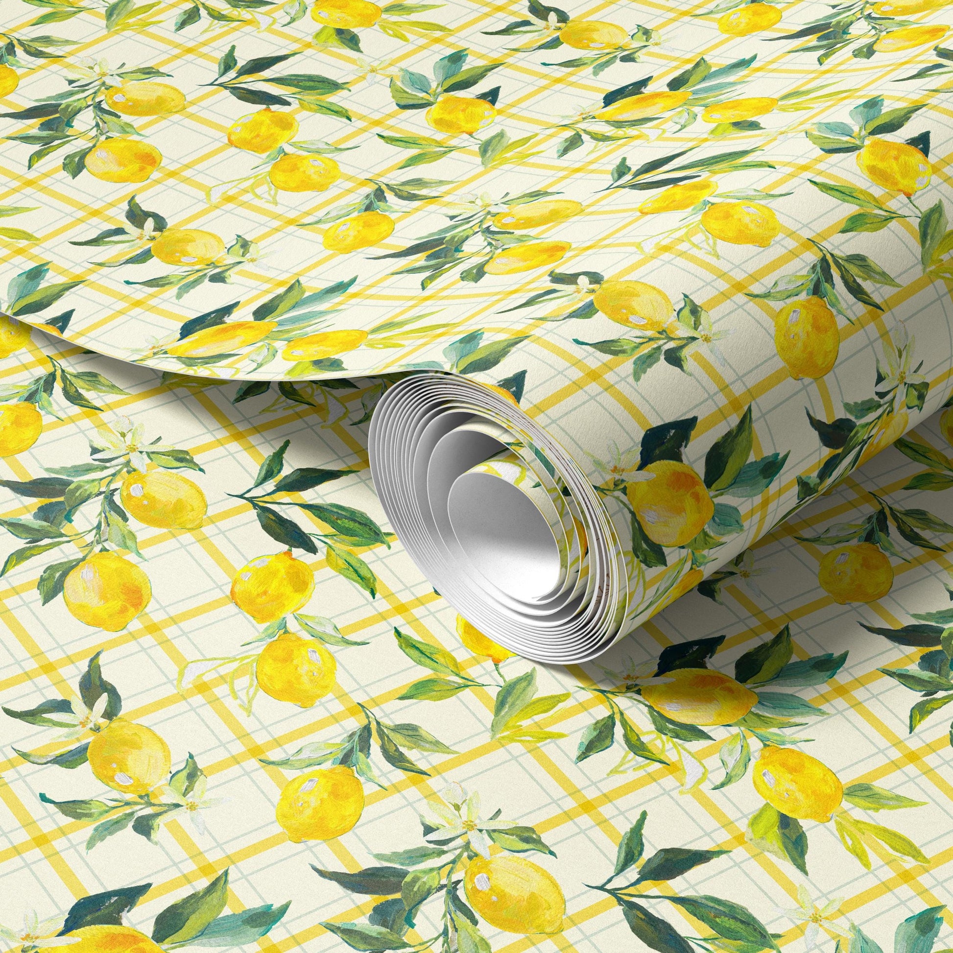 a roll of wallpaper with a repeating pattern of yellow lemons and green leaves.