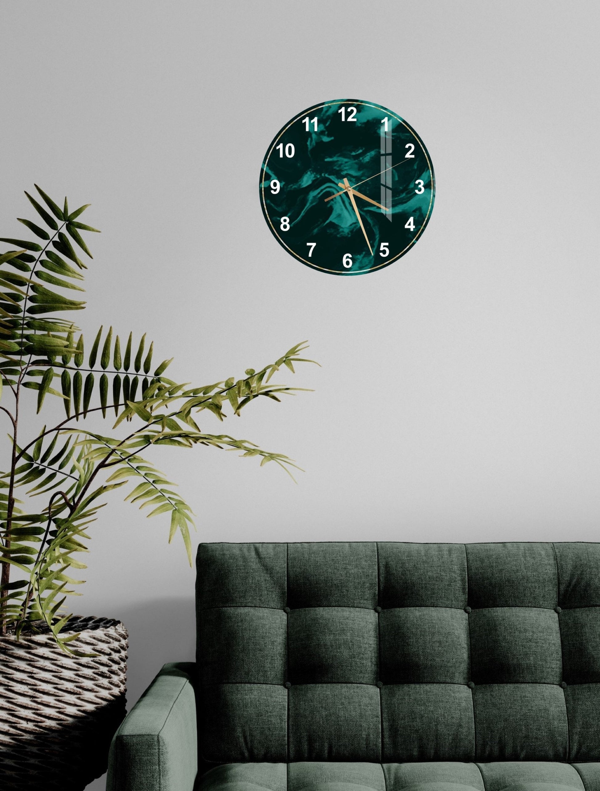 a living room with a couch and a clock on the wall