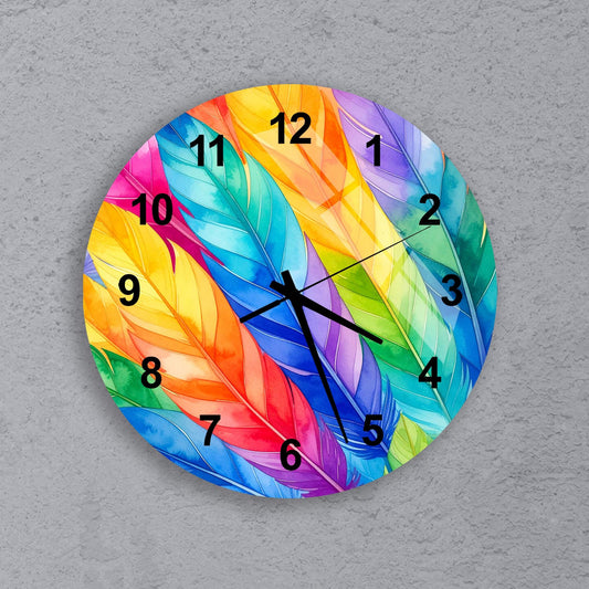 A colorful wall clock with a vibrant feather design on its face.