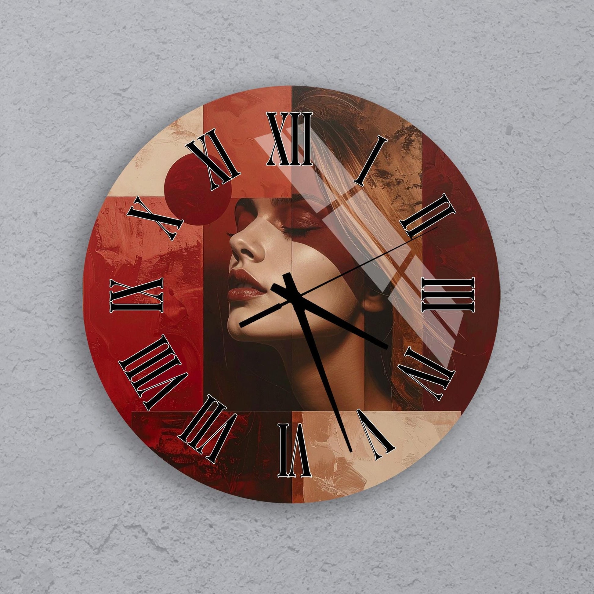 a clock with a woman's face on it, and the clock is mounted on a wall.